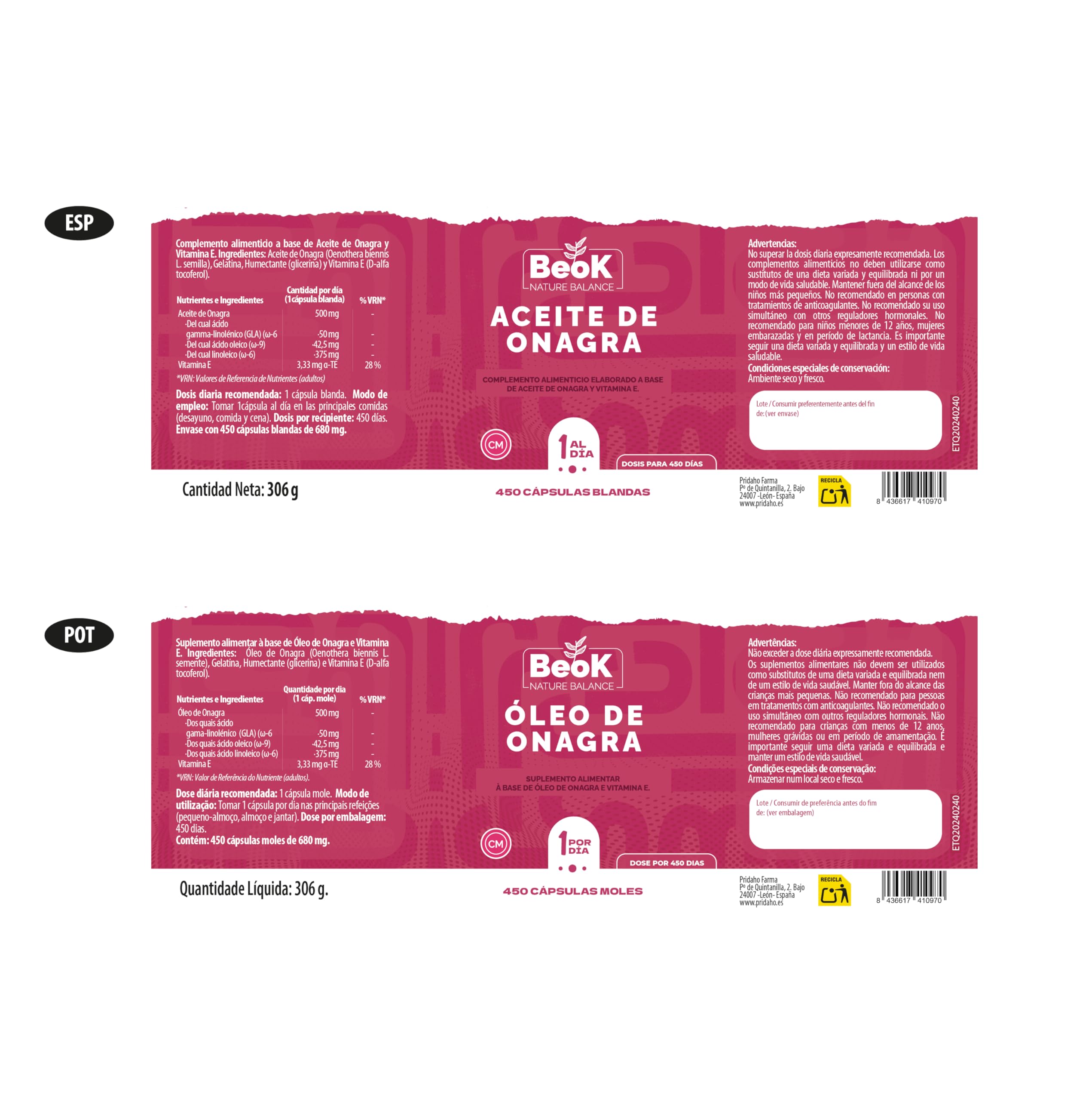 BEOK Aceite de Onagra 450 Cápsulas Blandas – Complemento Alimenticio con 500 mg de Aceite de Onagra y Vitamina E – Apoyo Hormonal y Bienestar Femenino – Formato Ahorro para 450 Días