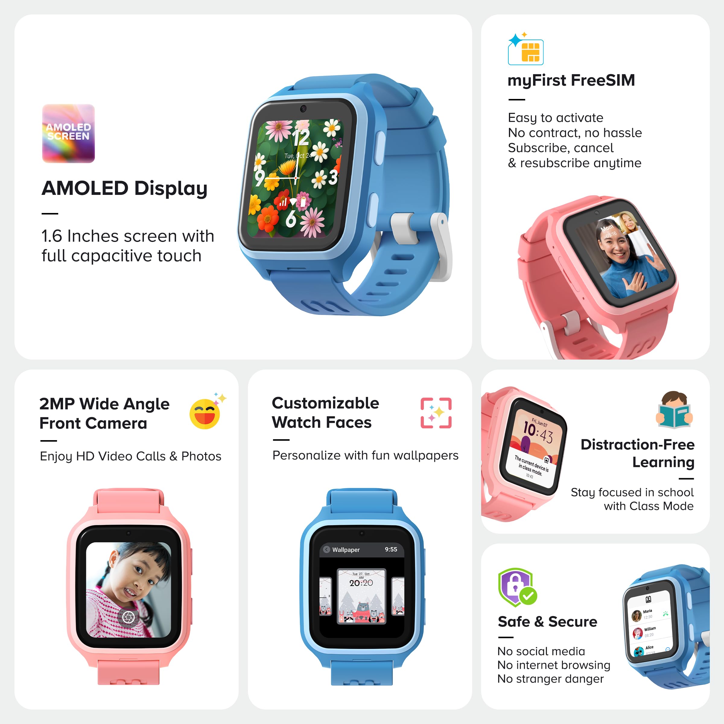 myFirst Montre intelligente 4G pour enfants Fone M1 pour l'UE Asie uniquement, technologie Nano SIM 2 MP, appareil photo, appel, messagerie vocale, traqueur GPS pour enfants de 5 à 12 ans, garçons et