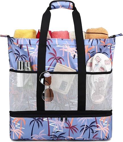 Octsky Bolsas de playa con enfriador para mujer, impermeable, a prueba de arena, con cremallera, bolsa grande para piscina, 9 bolsillos