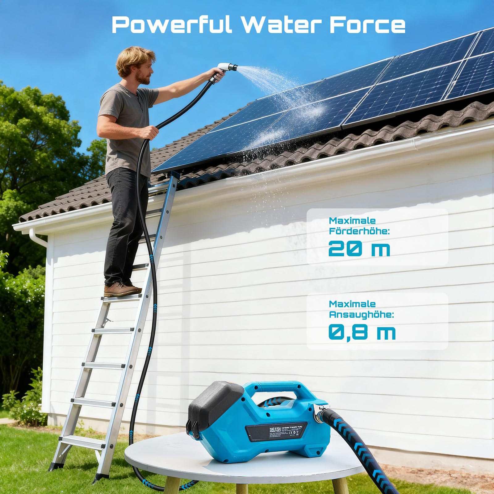 Seesii Pompa di trasferimento senza fili per acqua/diesel, 2880 l/h, autoadescante, batteria 2 × 4000 mAh, pompa elettrica portatile per camper, giardino, vasca idromassaggio, piscina, stagni, acquari