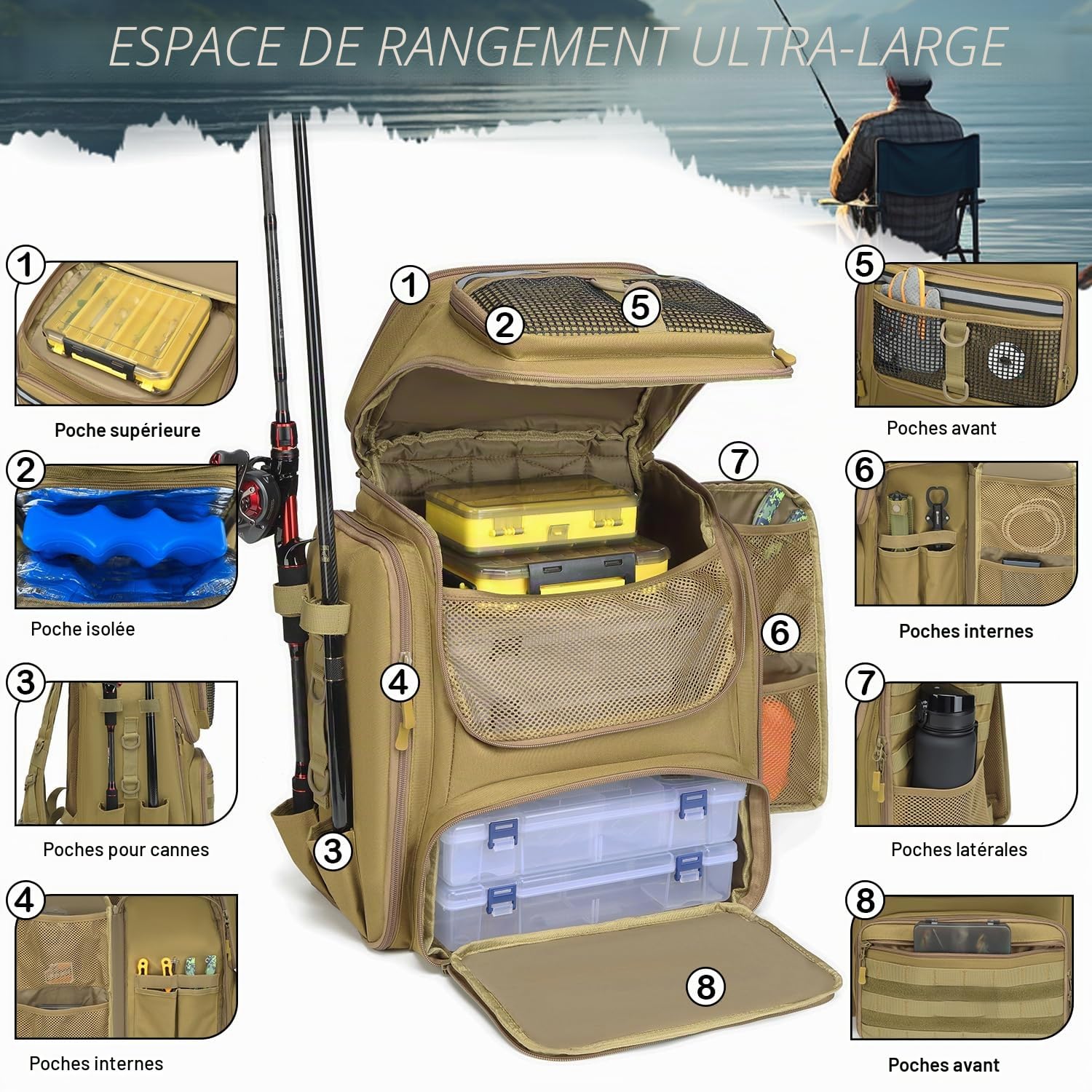 Sac à Dos de Pêche avec Porte-Canne 45L Large Résistant à l'eau Sac de Rangement pour Accessoires de Pêche pour la Randonnée, Camping, Trekking, Sport de Plein Air