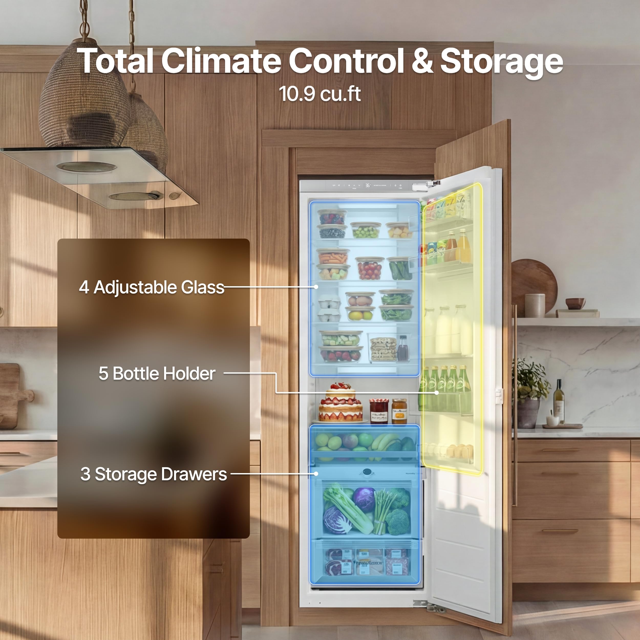 Ca'Lefort 22'' Panel Ready Refrigerator Dual Zone, Built-In Panel-Ready Fridge Perfect For Modern Kitchens, Bottom Level With Humidity Control, Built In Refrigerator 10.9 Cu.Ft (Panel Not Included) on Fridge.com - View 5
