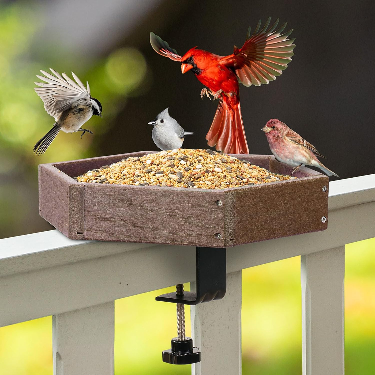 Kingsyard Clamp-On Deck Bird Feeder 11in Hexagon, Adjustable Balcony Railing Clamp 2.2in No-Drill, Recycled Plastic Seed Tray Metal Mesh Drainage Easy-Clean 3 lb, Brown