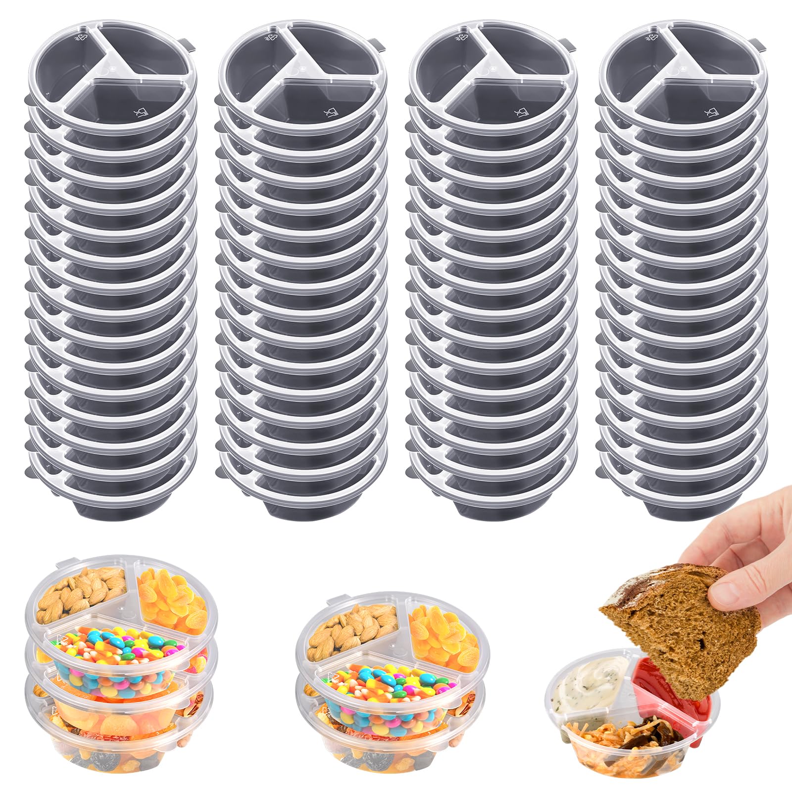 3 Compartment Condiment Containers with Lids Disposable Sauce Cups Small Plastic Snack Containers Portion Cups for Salsa Dips Dressing, 5 oz, 60 Pcs