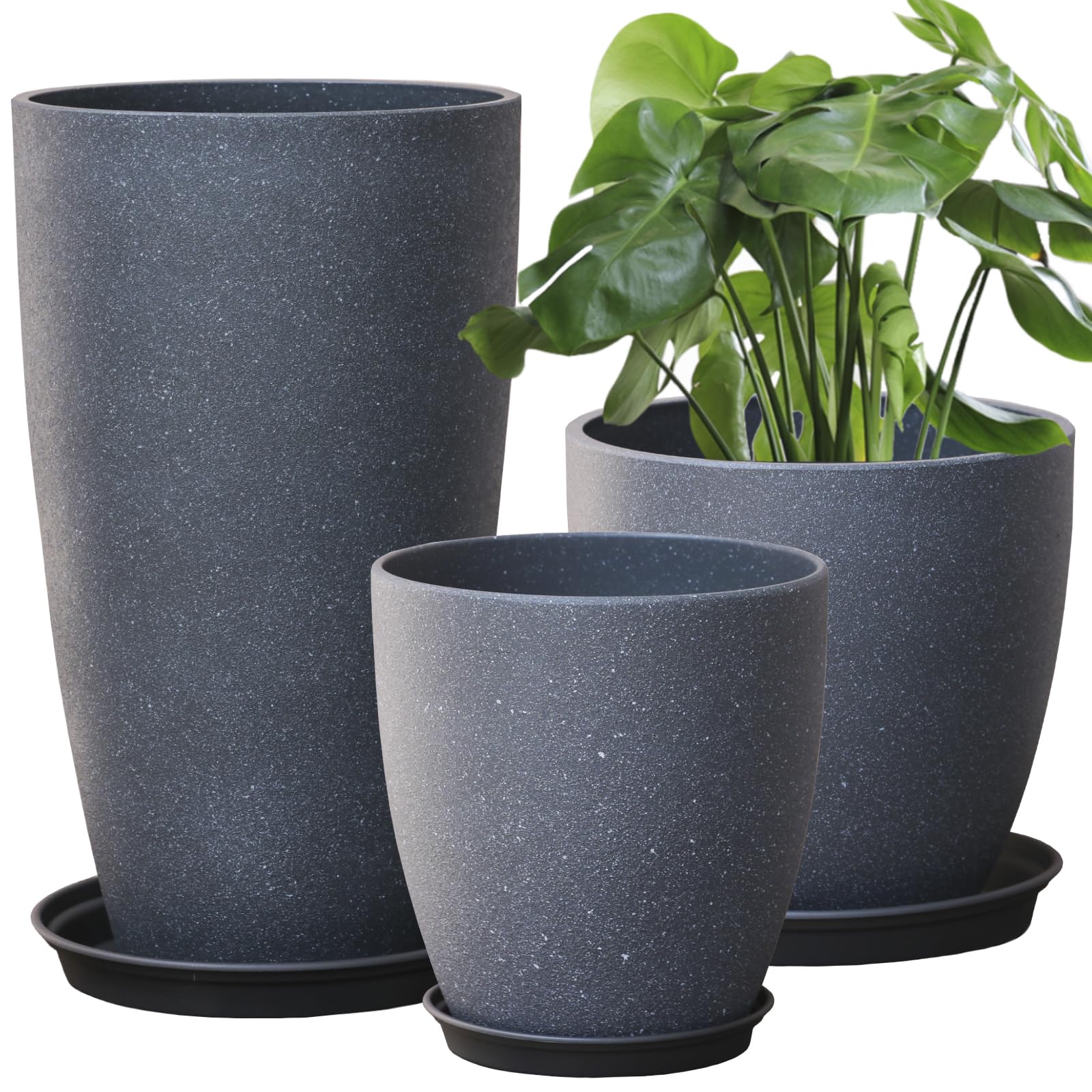 Lot de 3 pots de fleurs décoratifs SE SUN-E en plastique, pots de jardin hauts ronds avec trou de drainage et soucoupe, peinture de surface en ciment gris robuste et inodore, pots de plantes modernes