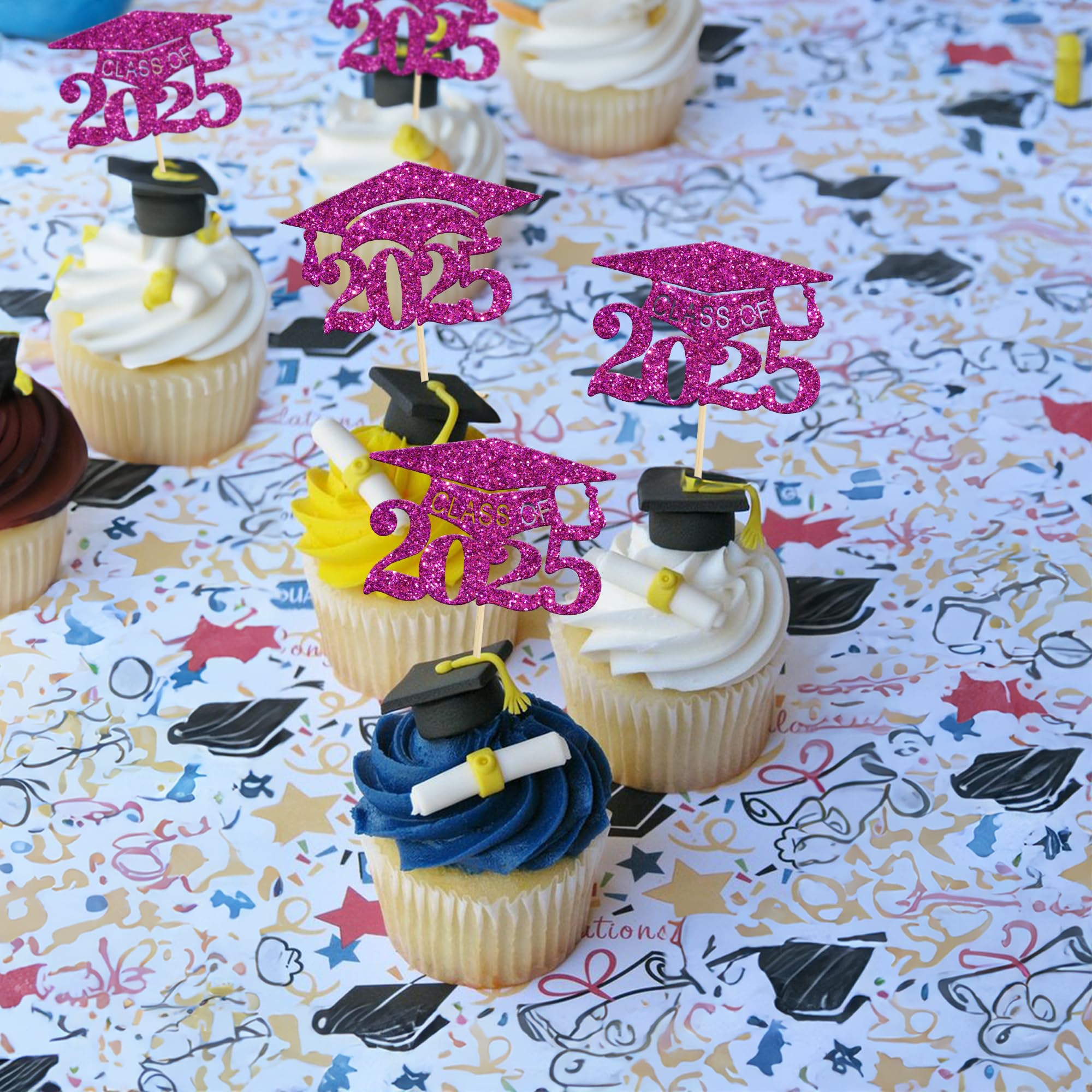 Gyufise 24Pcs 2025 Graduation Cap Cupcake Toppers Glitter Glitter Class of 2025 Grad Cap Cake Picks for 2025 Graduation Theme Party Cake Decorations Purple - Image 4