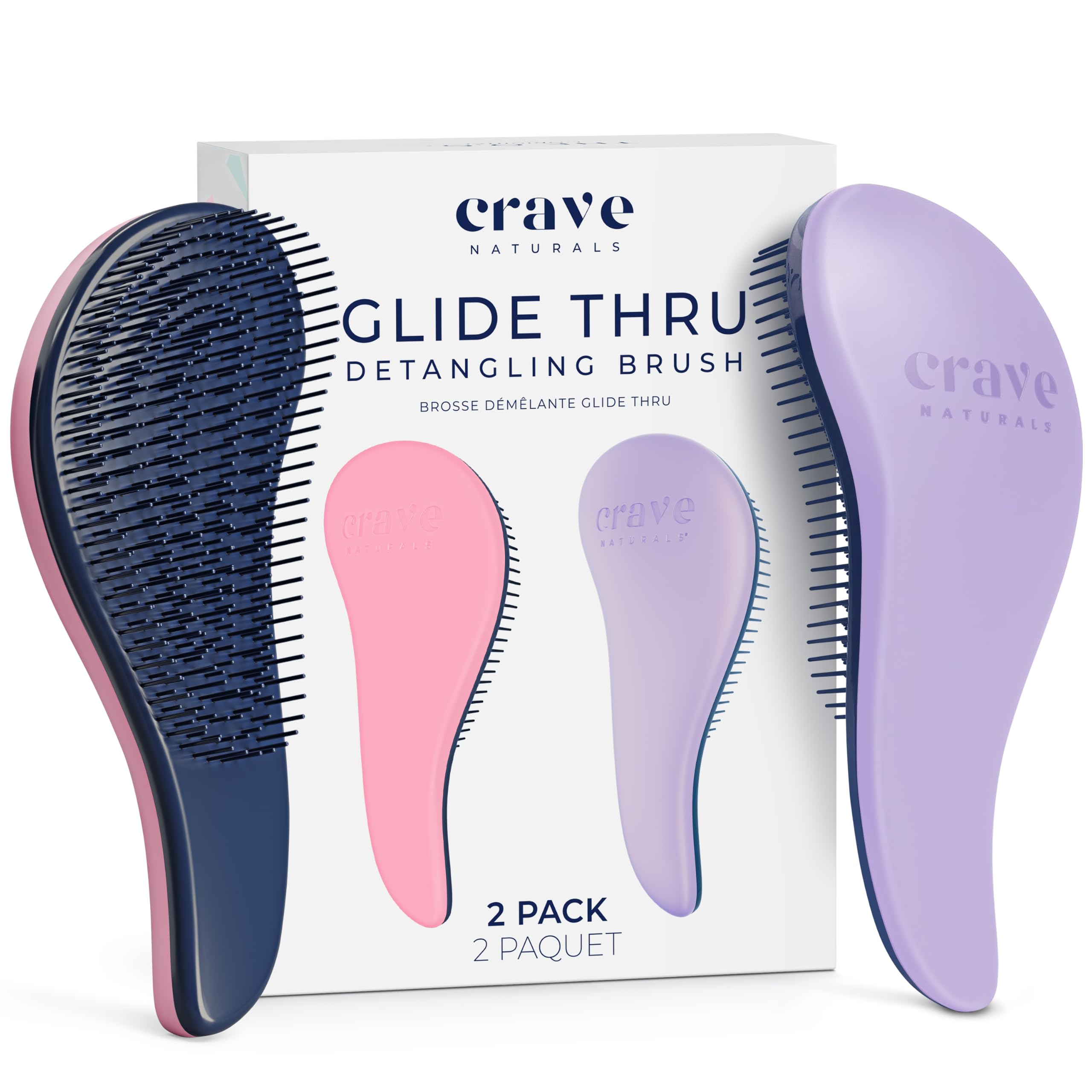 Crave Naturals Glide Thru Detangling Brush for Adults and Kids - Detangler Brush for Curly or Straight, Wet or Dry Hair - Gentle on Tangles Hair Comb - 7.5x3-Inch, Pink and Purple (Pack of 2)
