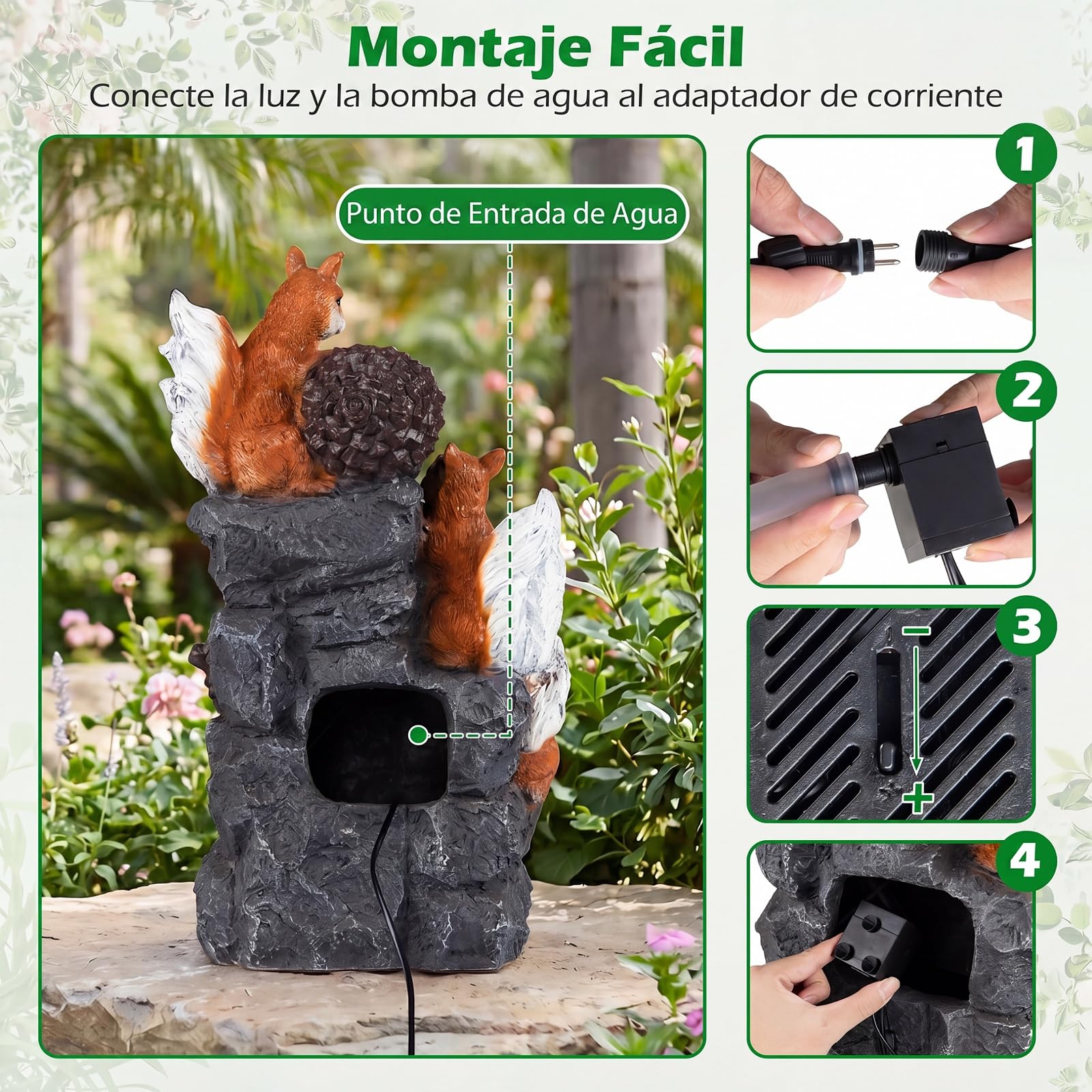 COSTWAY Fuente de Interior y Exterior, Fuente de Agua Decorativa con Iluminación LED, Figuras de Ardillas y Avellanas, Decoración de Resina Relajante para Mesa, Jardín, Patio