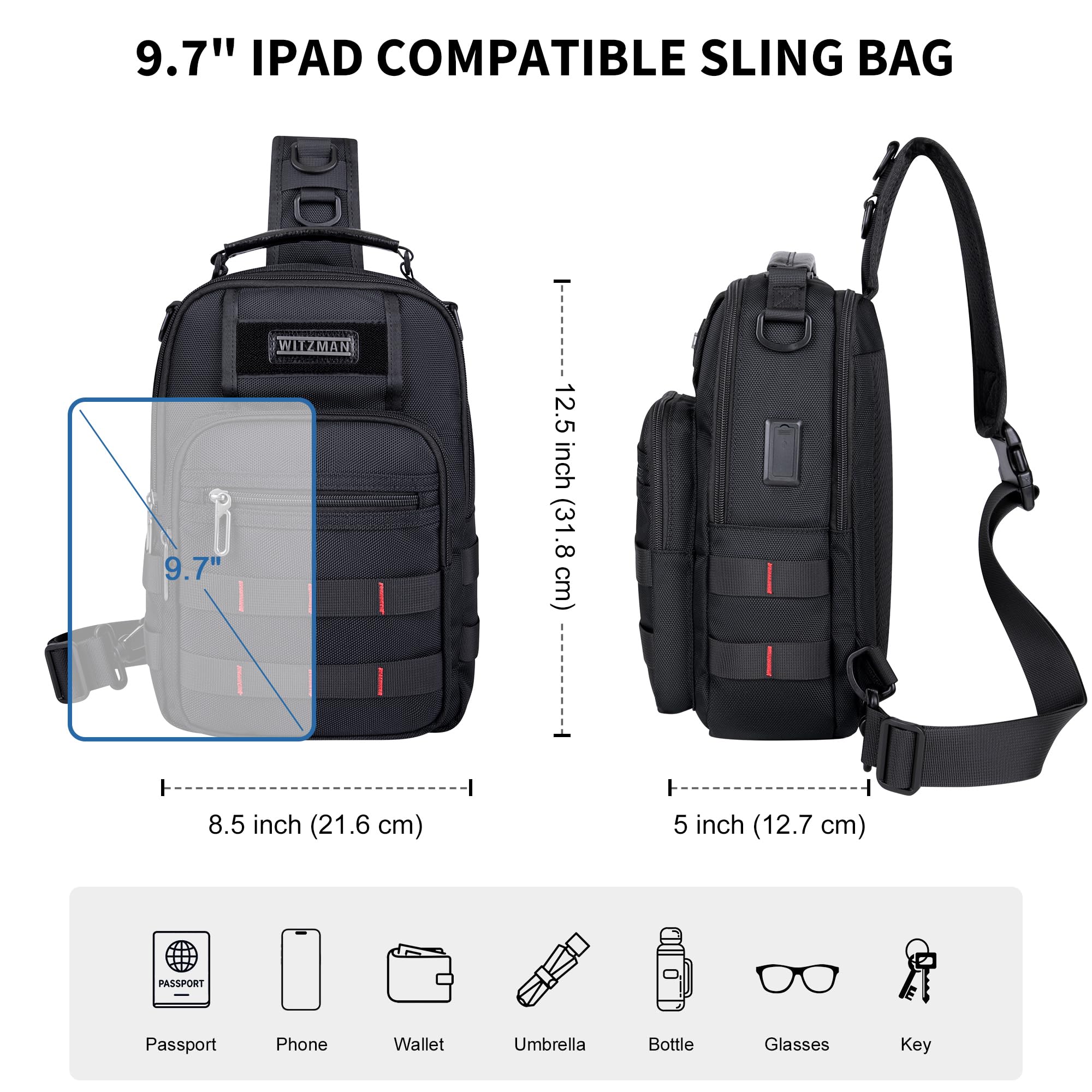 WITZMAN Umhängetasche für Herren 9L Große Sling Bag mit USB-Ladeport