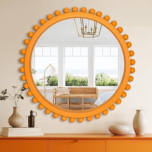 Espejo redondo de madera con cuentas de madera, espejo de pared circular de 24 pulgadas para decoración de pared de sala de estar, baño, entrada,