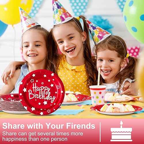 Miniatura 6 de Platos de papel para fiesta de cumpleaños, platos de postre desechables de cumpleaños rojos, 50 unidades de suministros de fiesta de 7 pulgadas,
