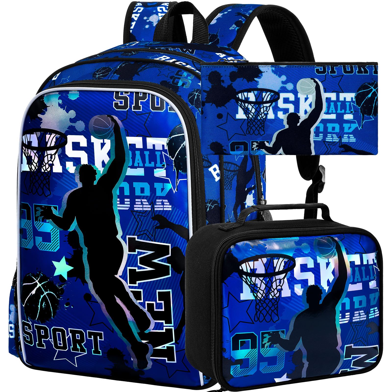 AGSDON 3PCS Boys Backpack, 17" Basketball Kids Bookbag with Lunch Box, Backpacks with Water Resistant and Lightweight for Teenagers