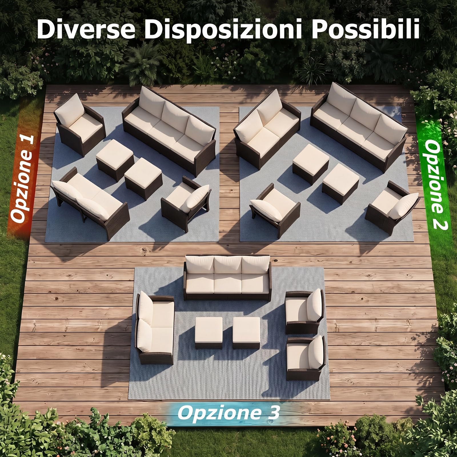 COSTWAY Set Salotto da Giardino per 7 Persone, Set da Esterno in Rattan con Divano a 3 Posti, Divano a 2 Posti, 2 Poltrone e 2 Poggiapiedi con Cuscini Morbidi per Terrazza e Balcone (Beige)