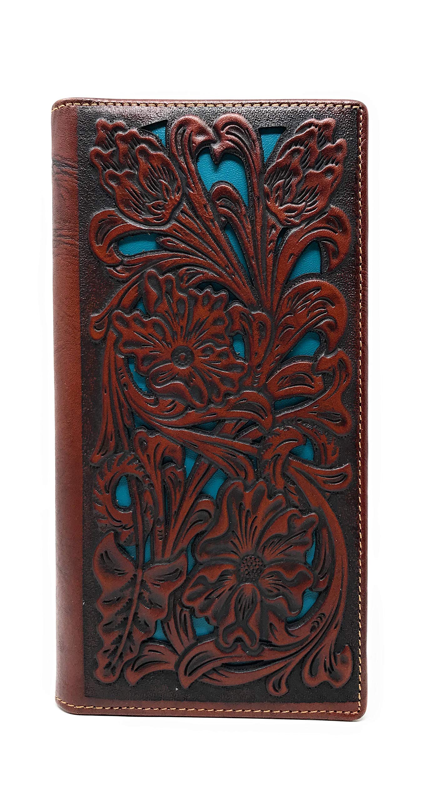 Western Genuine Leather Tooled Laser Cut Men's Long Bifold Wallet in 3 colors (Coffee/Turquoise) Coffee/Turquoise