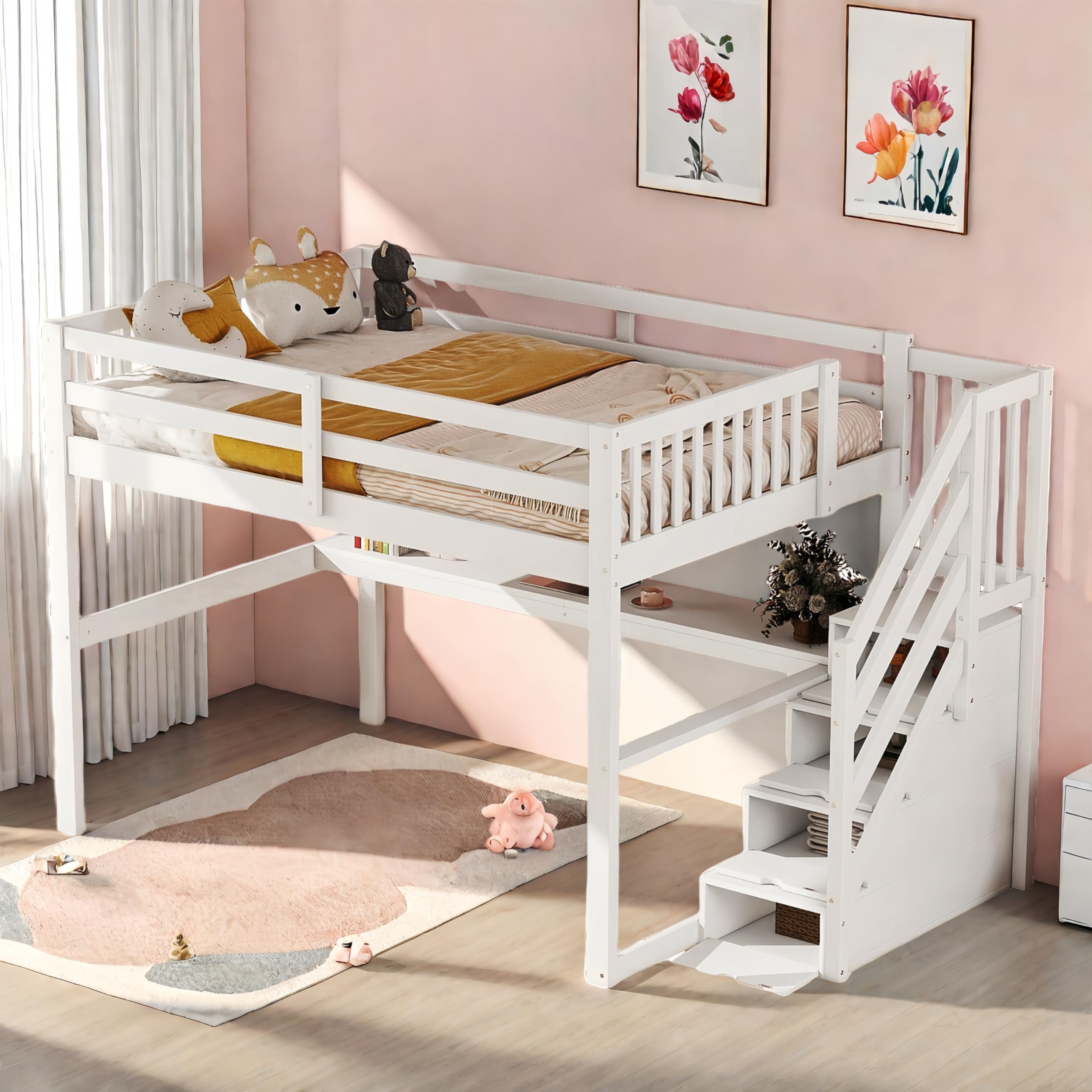 Lit Mezzanine Enfant 140x200cm - Pin Massif Et MDF - Avec Bureau Et Rangements - Gris - Charge 200kg