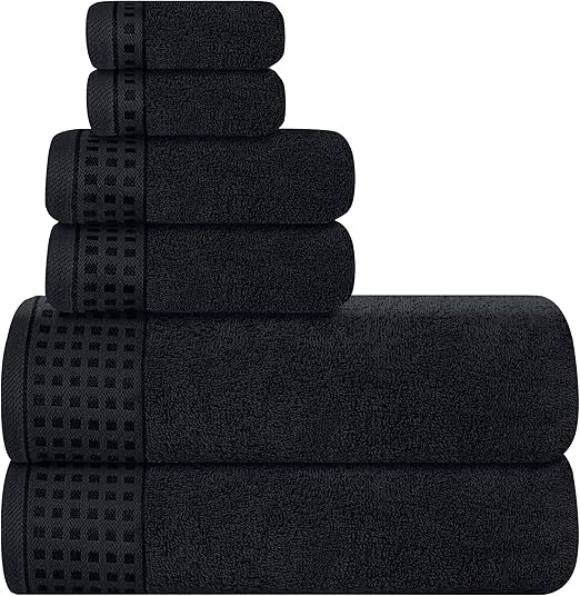 GLAMBURG 100% Cotton Ultra Soft 6 Pack Towel Set, Contains 2 Bath Towels 28x55 Inches, 2 Hand Towels 16x24 Inches & 2 Wash Coths 12x12 Inches, Compact Absorbent Lightweight & Quickdry - Black