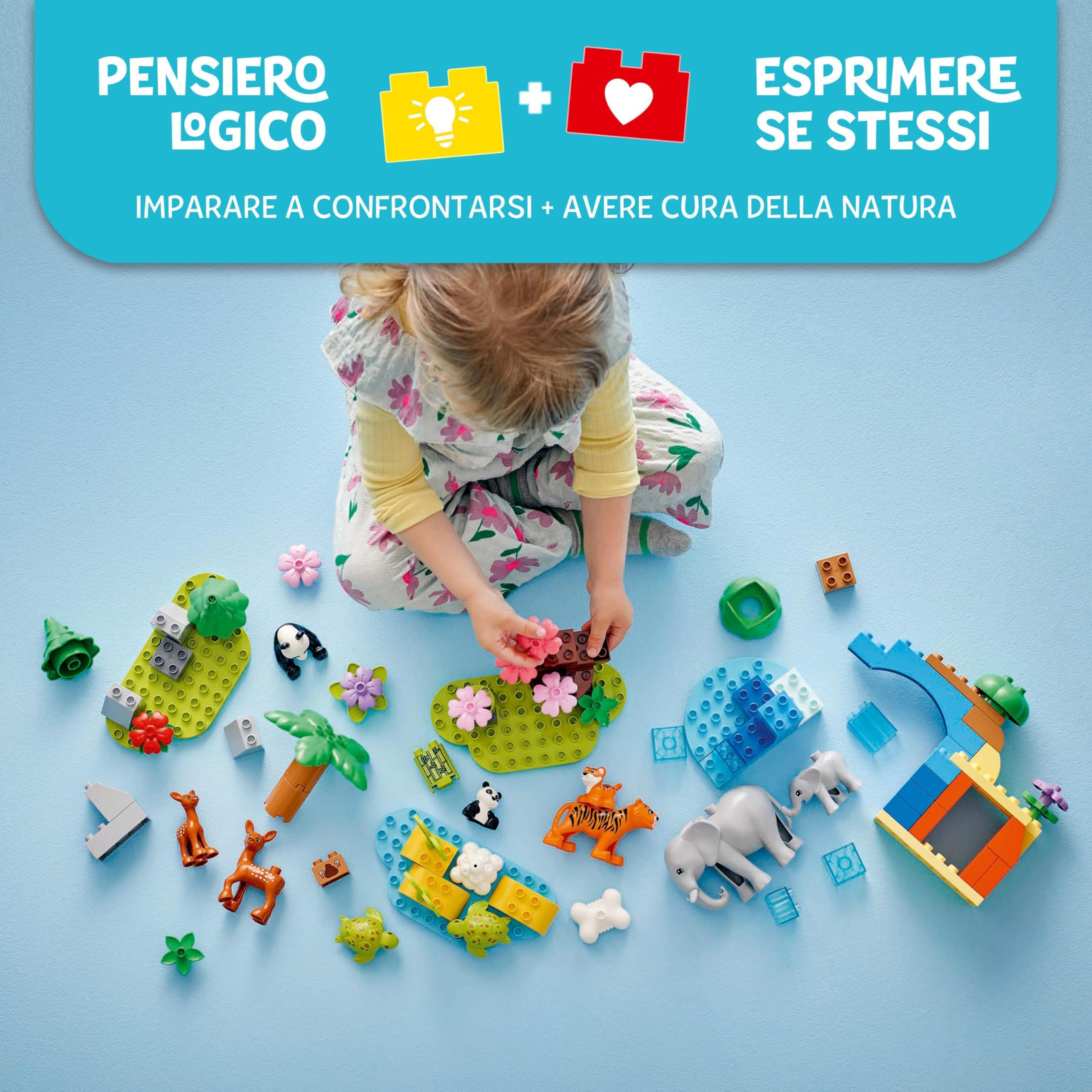 LEGO DUPLO Famiglie di Animali 3 in 1 - Gioco Didattico per Bambini e Bambine dai 2 Anni in su - Include figure di Tartaruga Giocattolo, Tigre, Elefante, Cervo e Panda con Habitat Costruibile - 10446