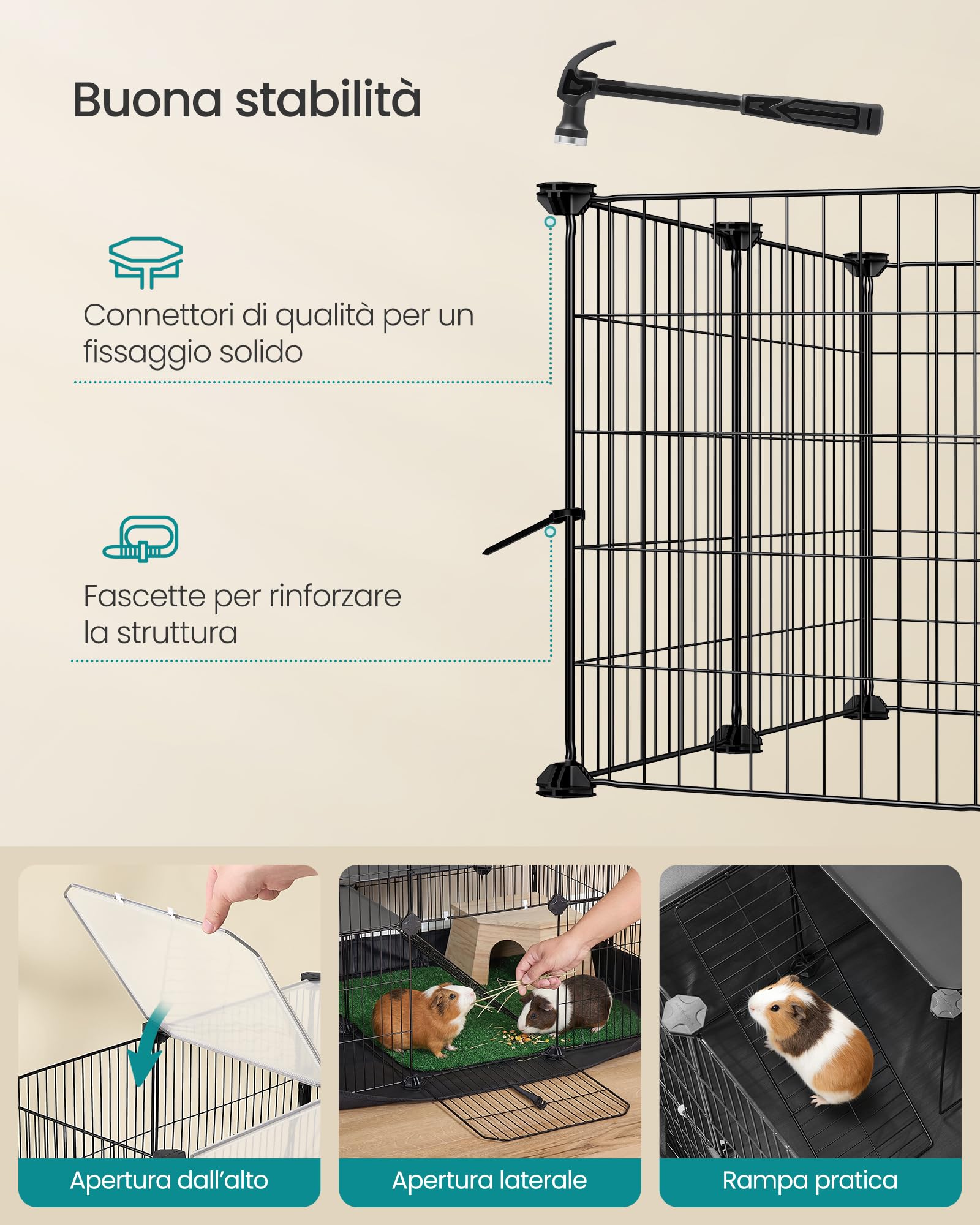SONGMICS Recinto per Piccoli Animali a 2 Livelli, Parco Recinzione, Tappetino Impermeabile, Doppia Porta, per Conigli, Porcellini d’India, 35 Pannelli, 93 x 63 x 61,5 cm, Nero Inchiostro LPI016BH01