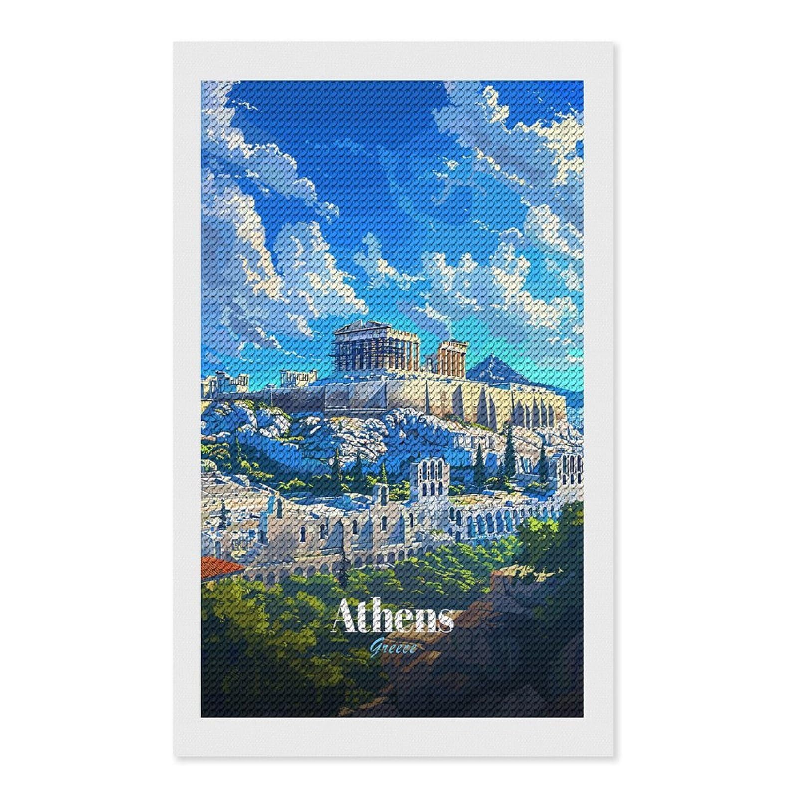 Junmoney Athens, Greece Illustrated Cityscape Diamond Art Kit 12"x20", Vintage Style Decor, Stress Relief Craft, Decor Project, Relaxing DIY, Creative Hobby