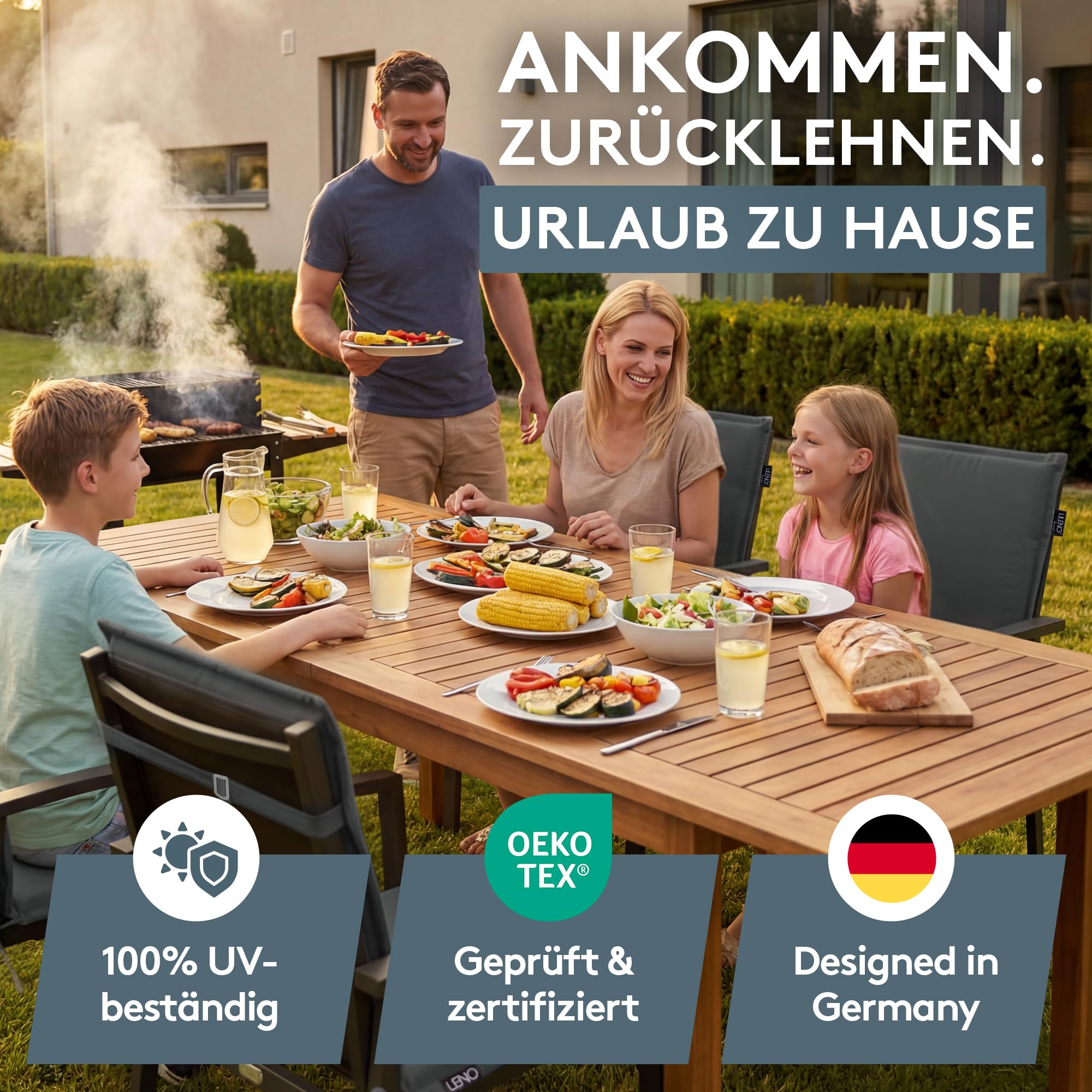 LILENO HOME Gartenstuhl Auflagen [4er Set - Niedriglehner] in Anthrazit - Bequeme Liegen als Sitzauflagen für Gartenmöbel - Stuhlkissen für Gartenstühle und Klappstühle MIA