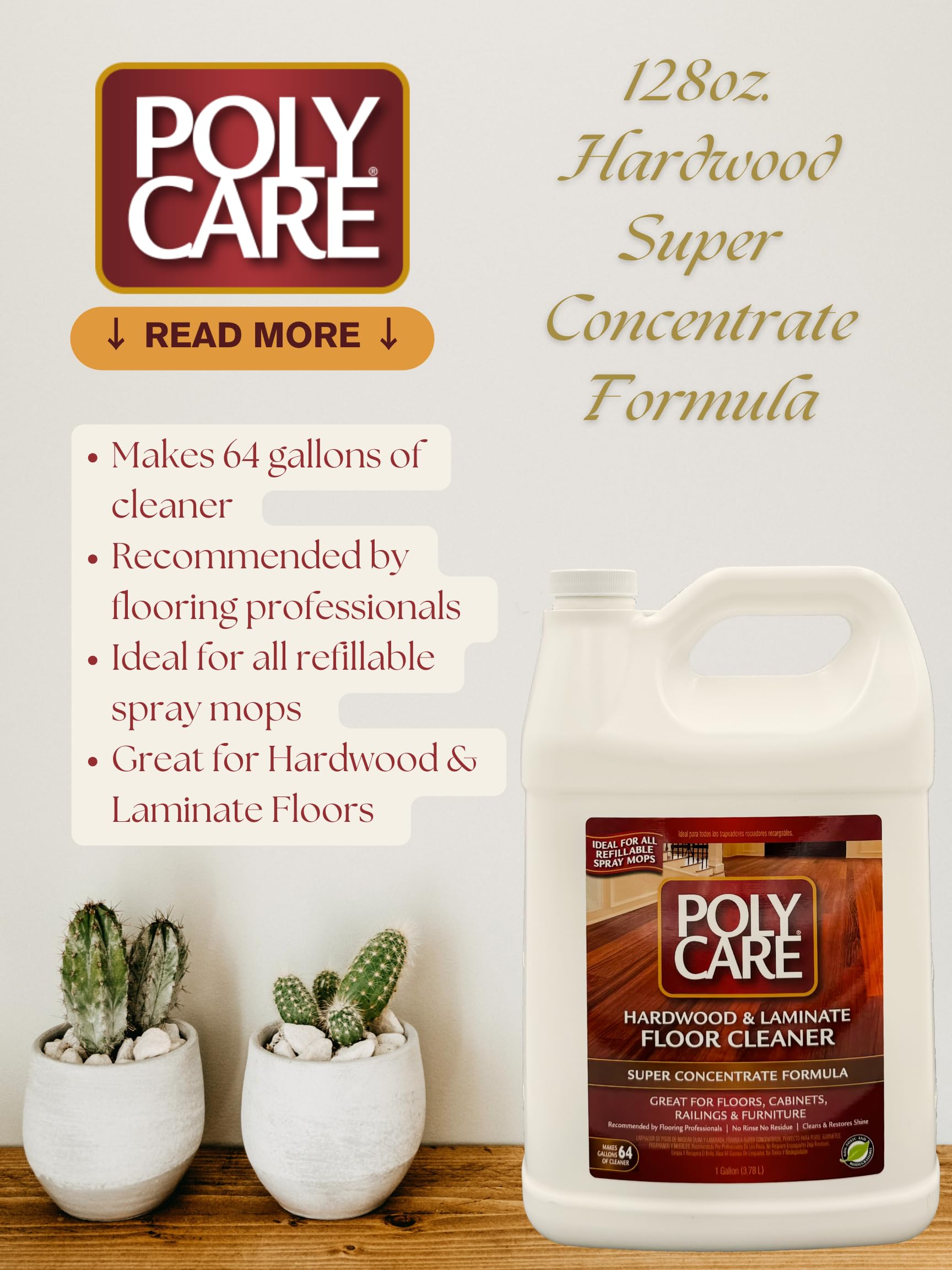POLYCARE Super Concentrate Hardwood & Laminate Cleaner Gallon with 32oz. Ready To Use Spray - Family Pack