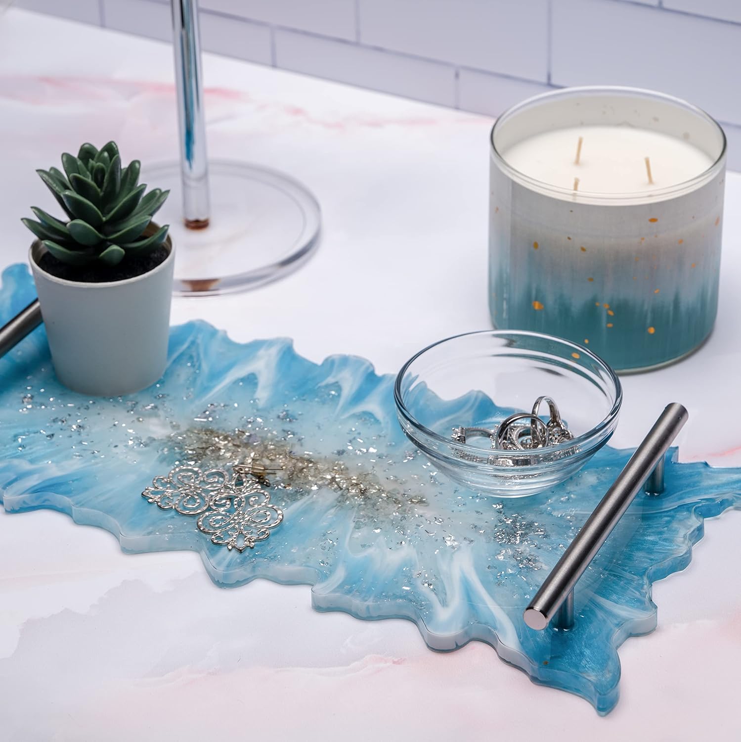 Art 'N Glow Silicone Geode Serving Tray Mold - Epoxy Resin Silicone Molds, Geode Agate Tray Mold with 3 Sets of Handles, for DIY Crafts, Table Decor and Gift Ideas, 14.6 x 6.7 in