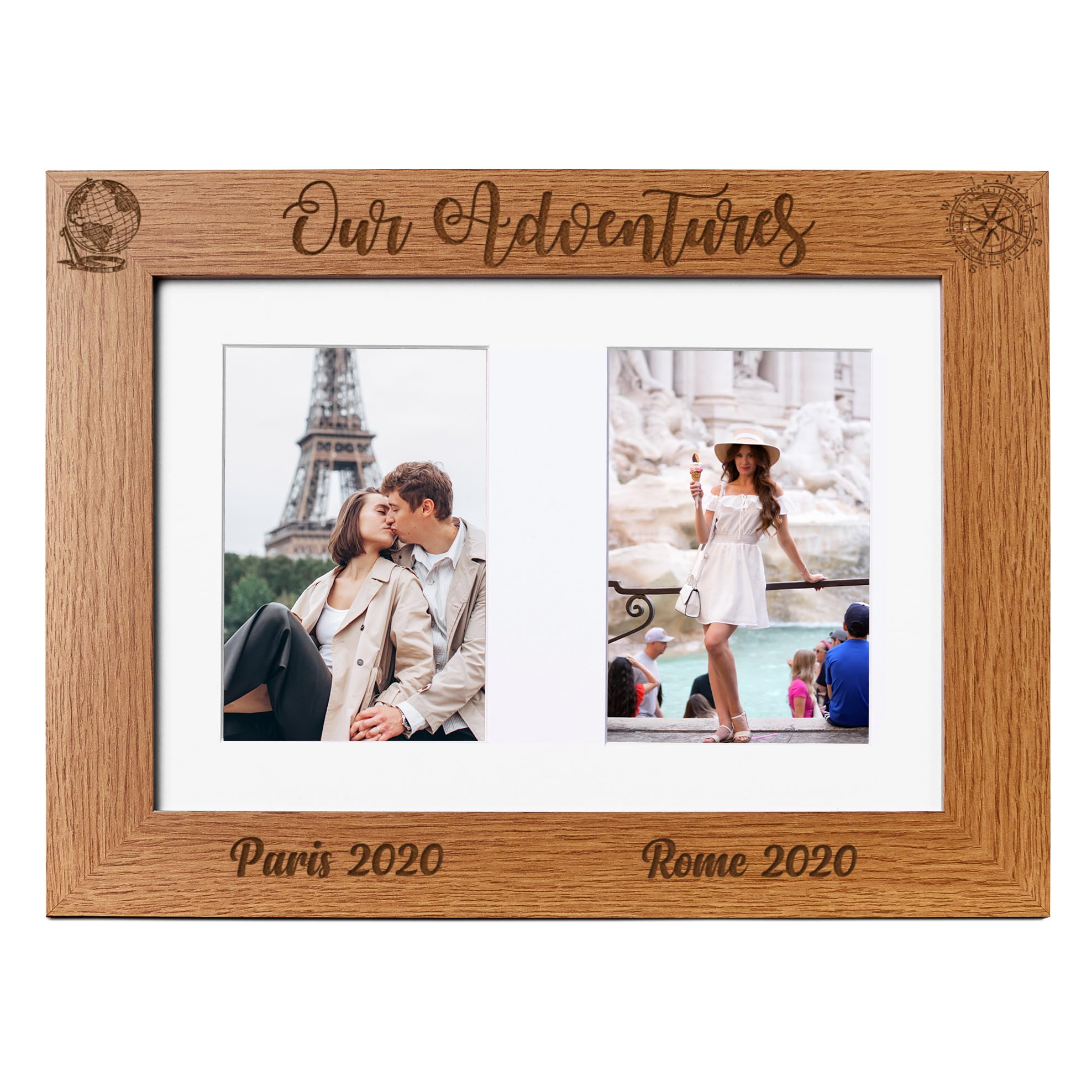Ukgiftstoreonline Brown Personalised Adventures Travel Holiday Wooden Double Photo Frame
