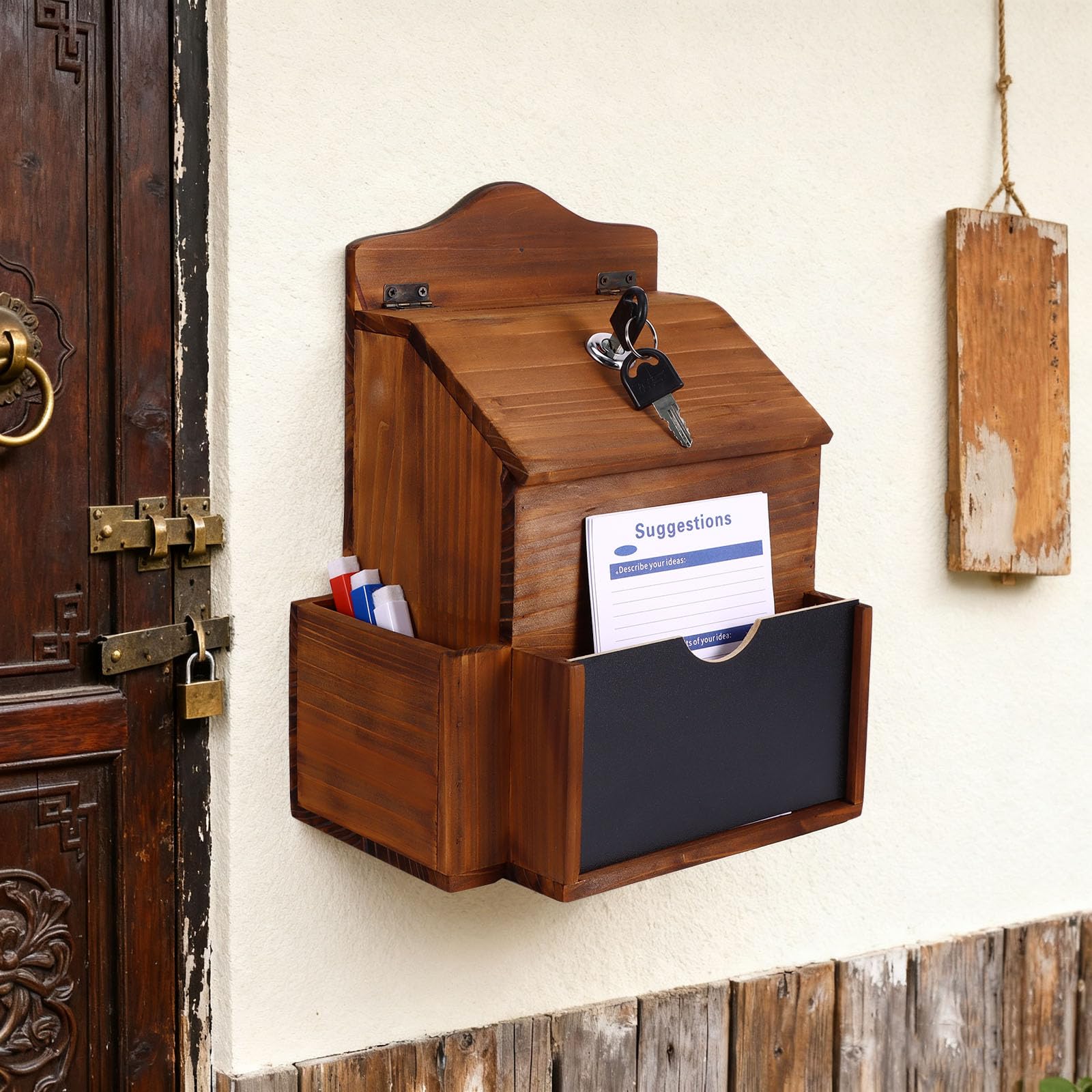 Wooden Suggestion Box with Blackboard and Lock, Wall Mounted Letter Boxes Charity Donation Ballot Box, Anonymous Collection Containers with 3 Pens and 10 Cards - Image 4