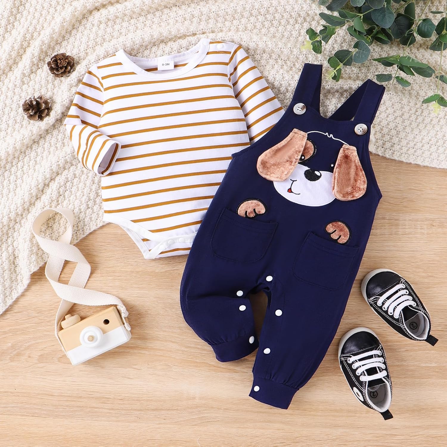 Baby Boy Clothes Newborn Outfits Fall Winter Striped Romper Infant Cartoon Overall Adjustable Suspender Pants Set - Image 2