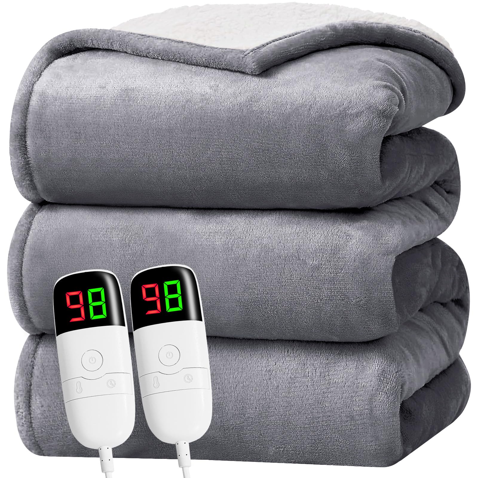 greenoakHeated Blanket Electric Queen Size 84"X90" Dual Control, Heating Blanket with 10 Heat Levels 1/2/4/6/8 Hours Auto-Off Overheat Protection, Soft Sherpa Warm, ETL Certified Misty Grey