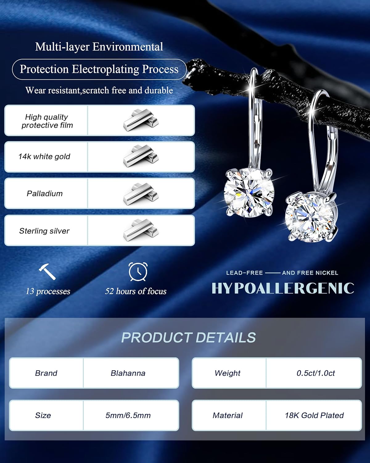 Moissanite Earrings,1.0ct-2.0ct D Color Brilliant Round Cut Earring 18K White Gold Plated Sterling Silver Dangle Earrings Moissanite Leverback Drop Earring s - Image 3