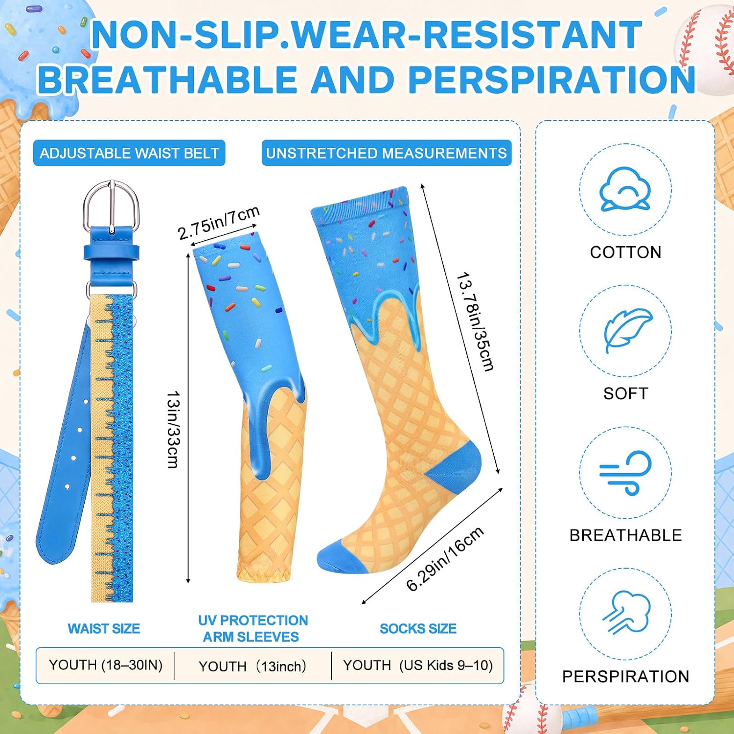 Tradder 4 Pcs Youth Ice Cream Drip Baseball Sock Arm Sleeves and Belt