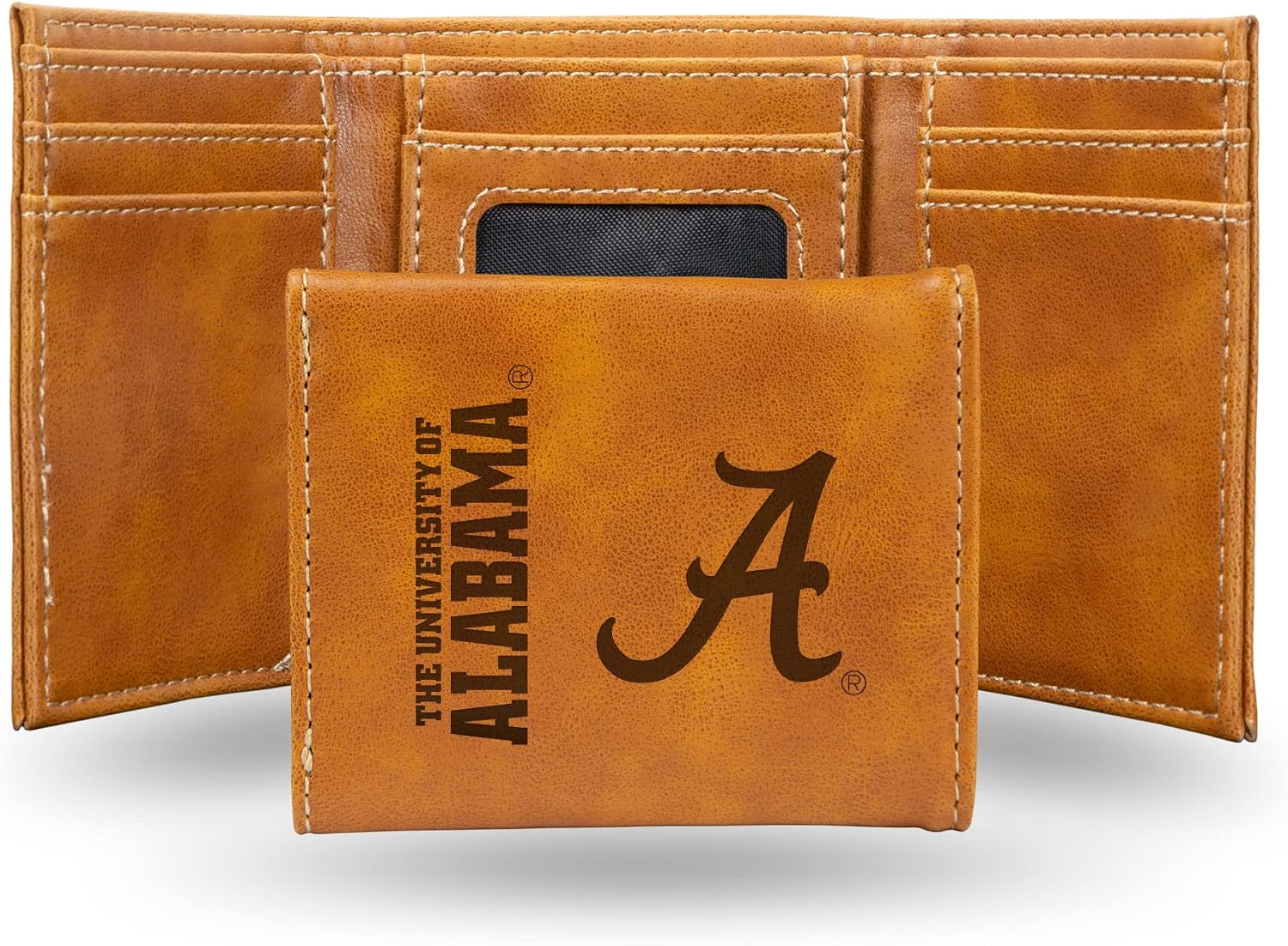 Rico Industries NCAA Alabama Crimson Tide Trifold Wallet, Brown - Laser Engraved Vegan Leather, 6 Card Slots, ID Window
