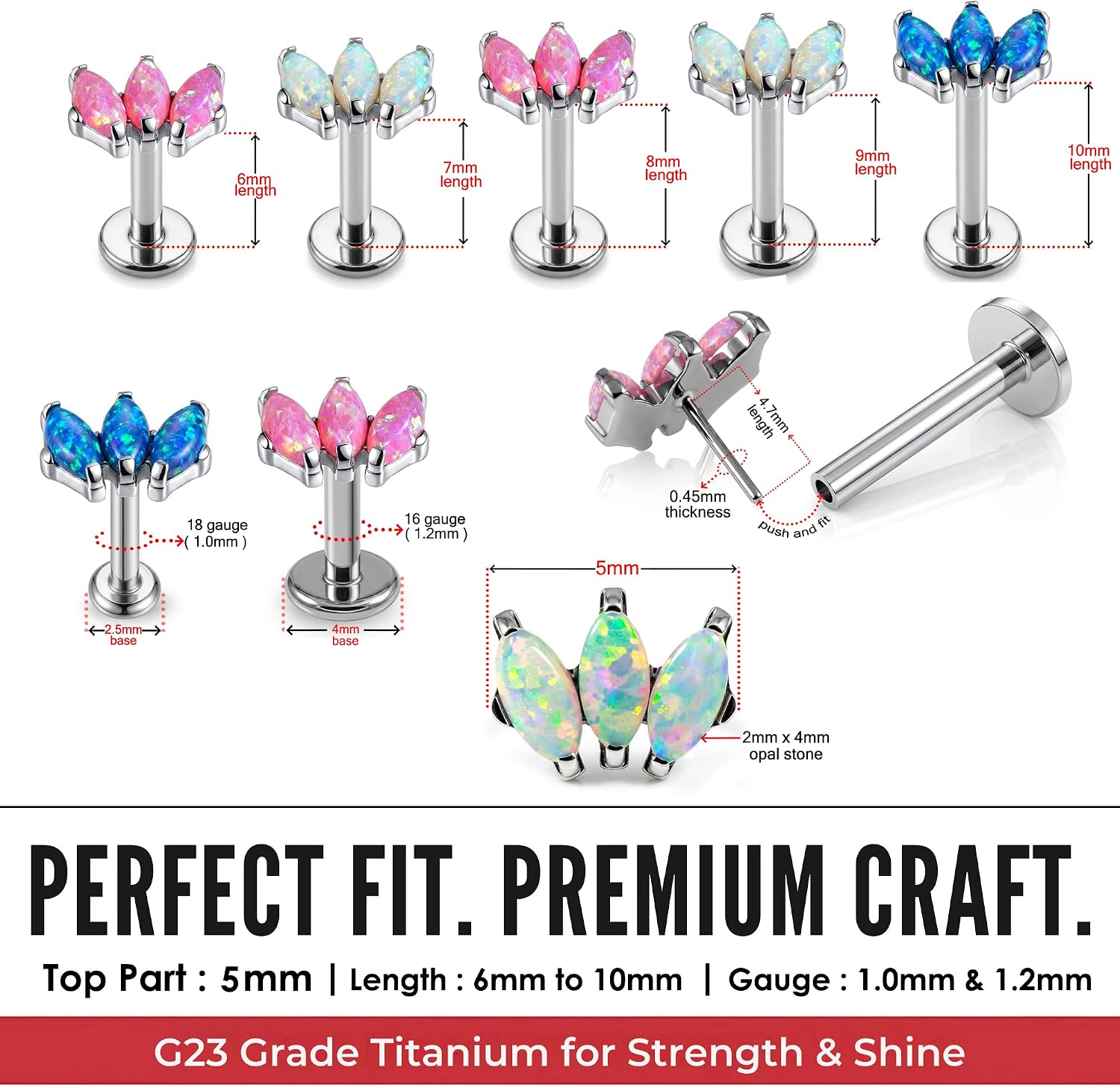 G23 Grade Titanium Tri Marquis Opal Stone Top Push Fit Lip Labret - Tragus Bar Piercing - Labret Stud Helix - Tragus Piercing Jewelry