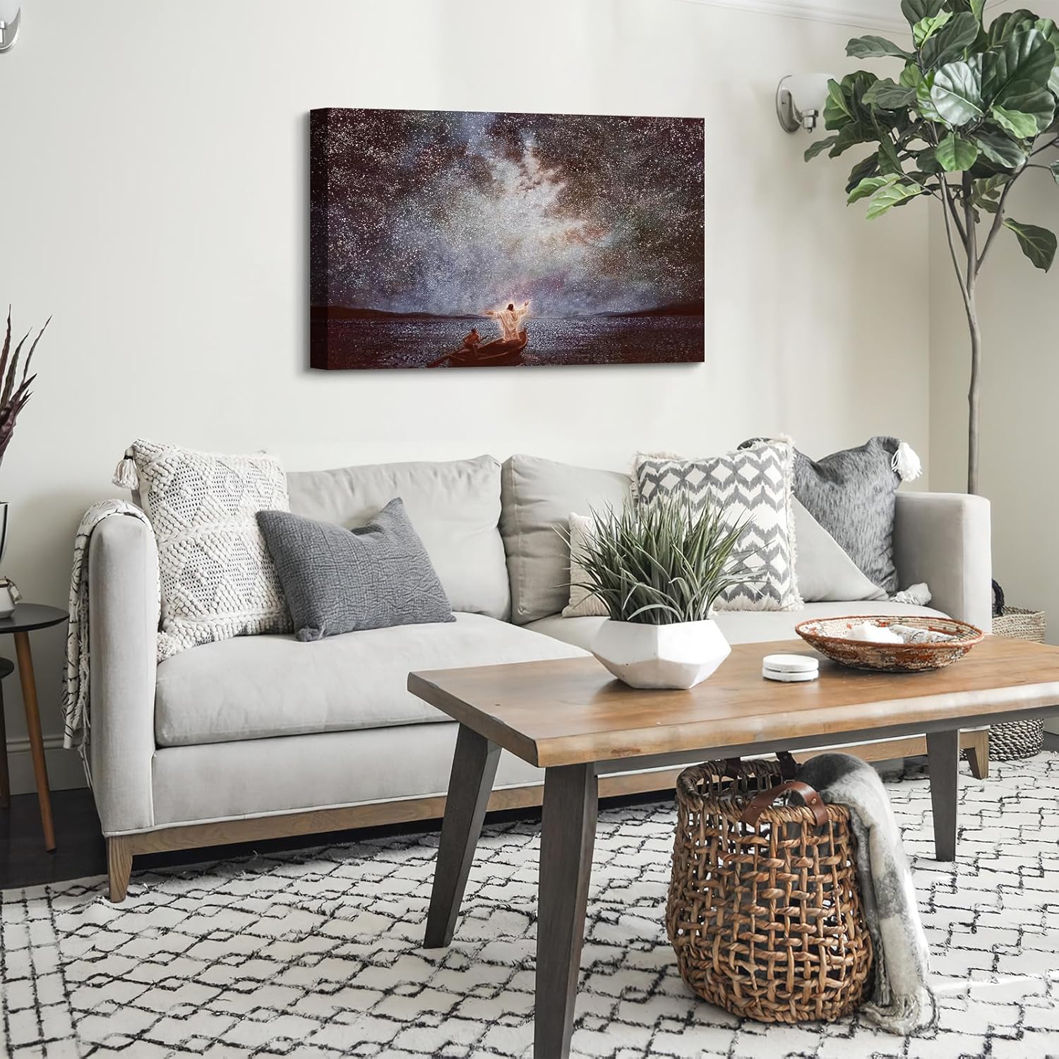 CanvasGarden - Jesus Wall Art Canvas Calm and Stars Christian Picture Religious Poster Canvas Print,Framed Artwork for Living Room Bedroom Aisle Decor,16x12Inch