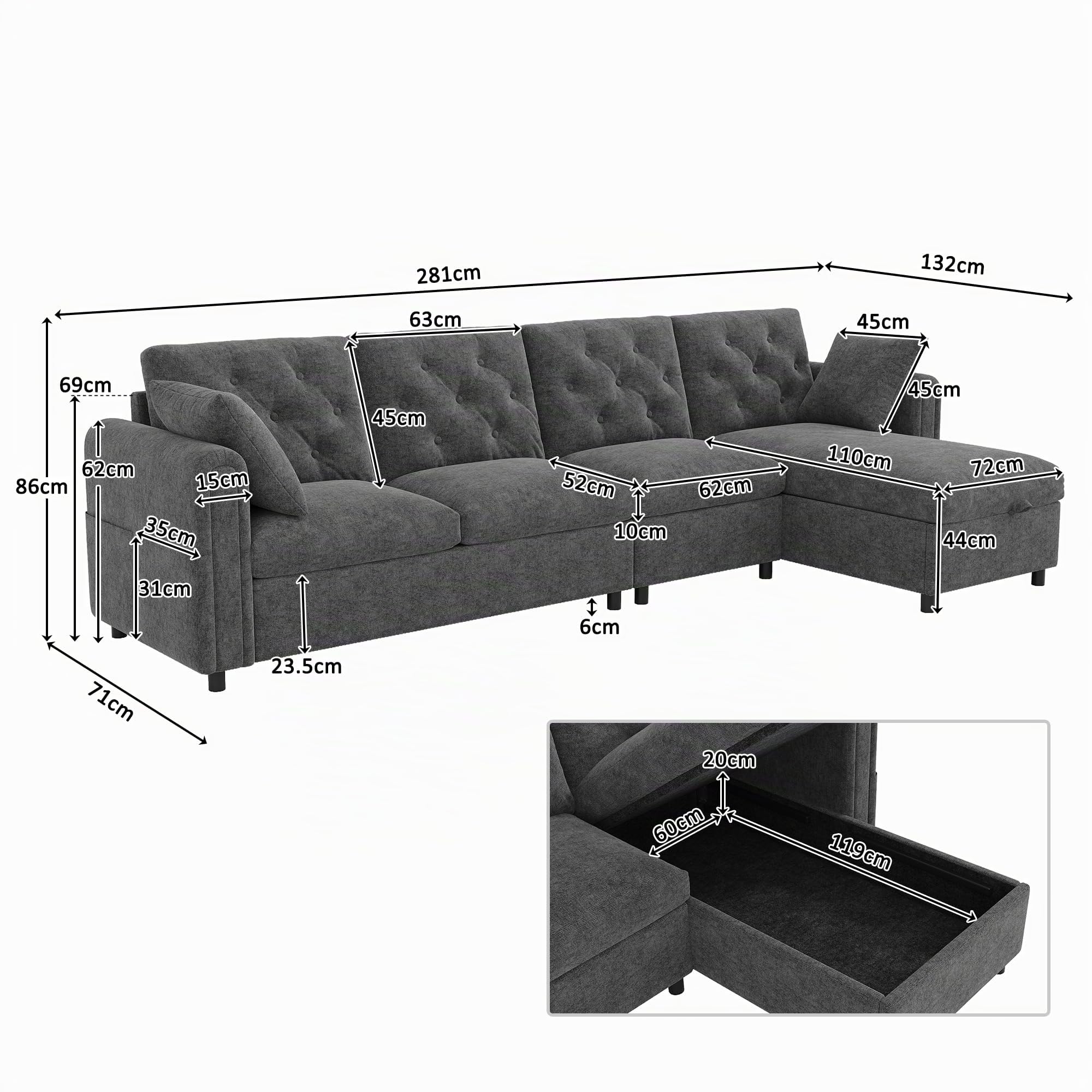 Divano ad Angolo 4 Posti con Contenitore, Divano Angolare in Velluto con Poggiapiedi Rimovibile per Salotto Soggiorno, Chaise Longue a Forma di L, Divano a Sinistra/Destra Grigio