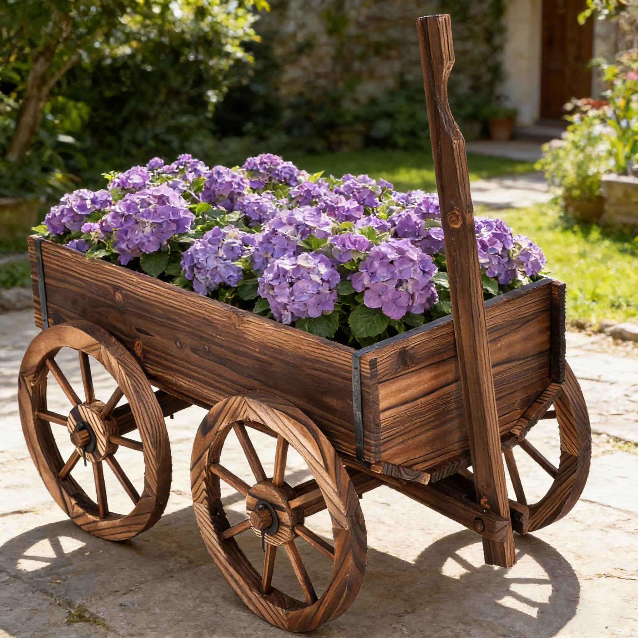 RELAX4LIFE Blumenwagen Holz, Pflanzwagen mit 4 Rädern, Verstellbarem Griff, Ablauflöchern, Bollerwagen Outdoor wetterfest, Pflanzkarre Pflanztopf für Garten Balkon Terrasse, 120 x 43 x 53,5 cm, Braun