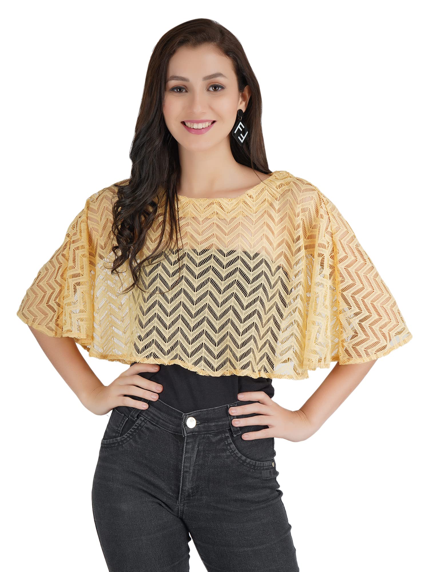 Women's cropped sleeveless round neck net Cape/poncho