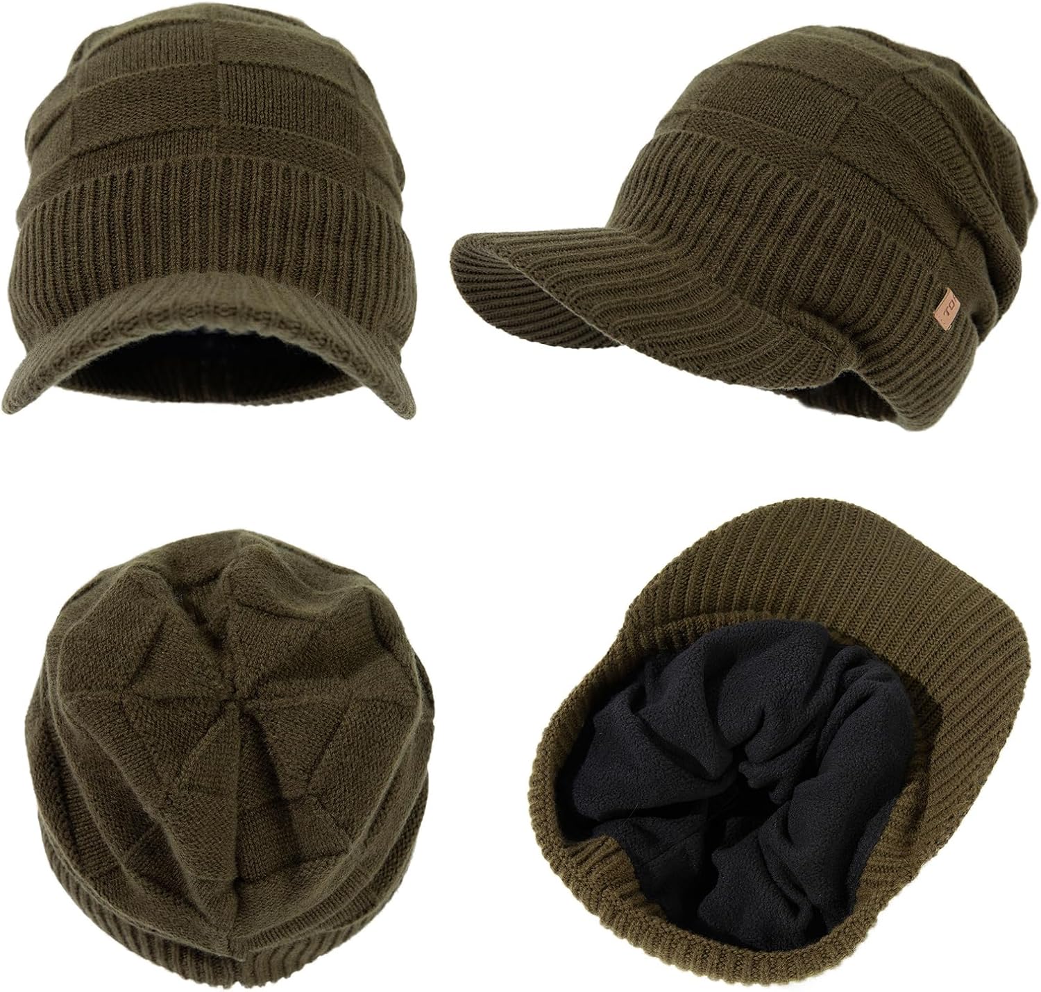 PolarWool™ 100% Merino Wool L/XL/XXL Fleece Lined Slouchy Visor Beanie Stocking Winter Hat with Brim Knit Cap for Men Women - Image 2