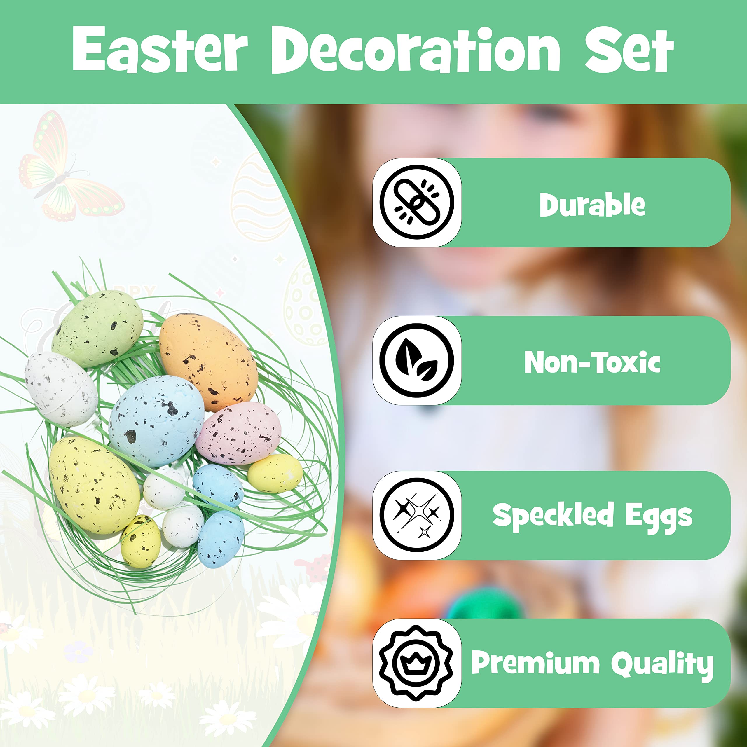 12x Easter Foam Eggs with Paper Grass Easter Eggs Graffiti Speckled Eggs Mini Bird Egg Decorative for Easter Tree Decorations Basket Filler Ornaments 4 Different Size - Image 3