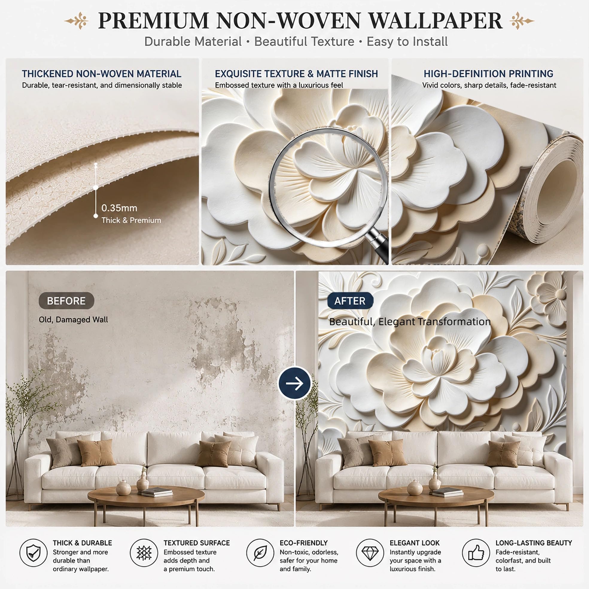 Papel Pintado Mural Gigante con Relieve De Yeso Falso 3D De 600 × 420 cm (Ancho X Alto). Papel Pintado Fotográfico No Tejido para Revestimiento De Paredes, Decoración De Paredes para Sala De Esta
