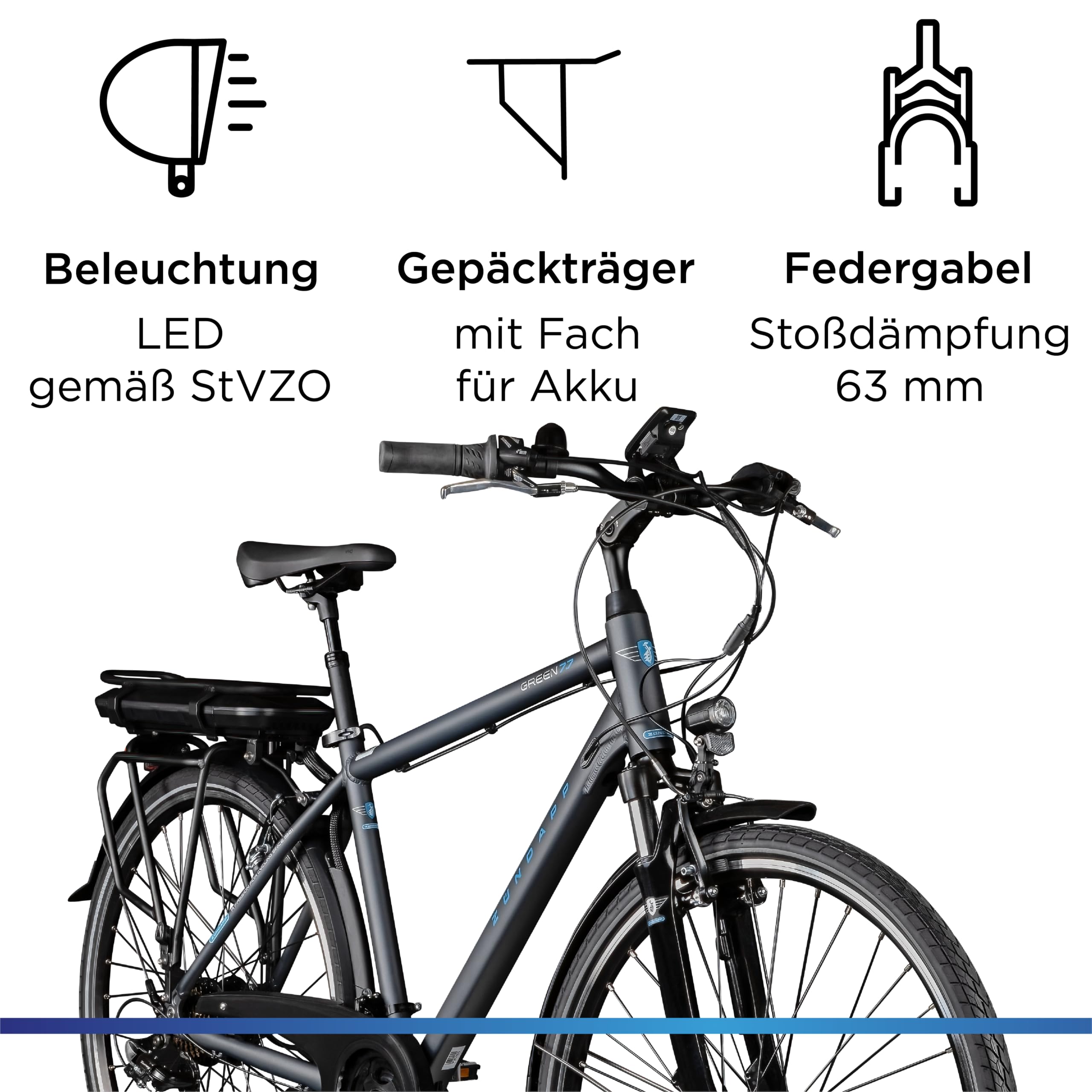 ZÜNDAPP Green 7.7 Trekking E-Bike für Damen und Herren ab 155 cm mit StVZO Licht Federgabel 28 Zoll Pedelec Trekkingrad Touren Elektrofahrrad
