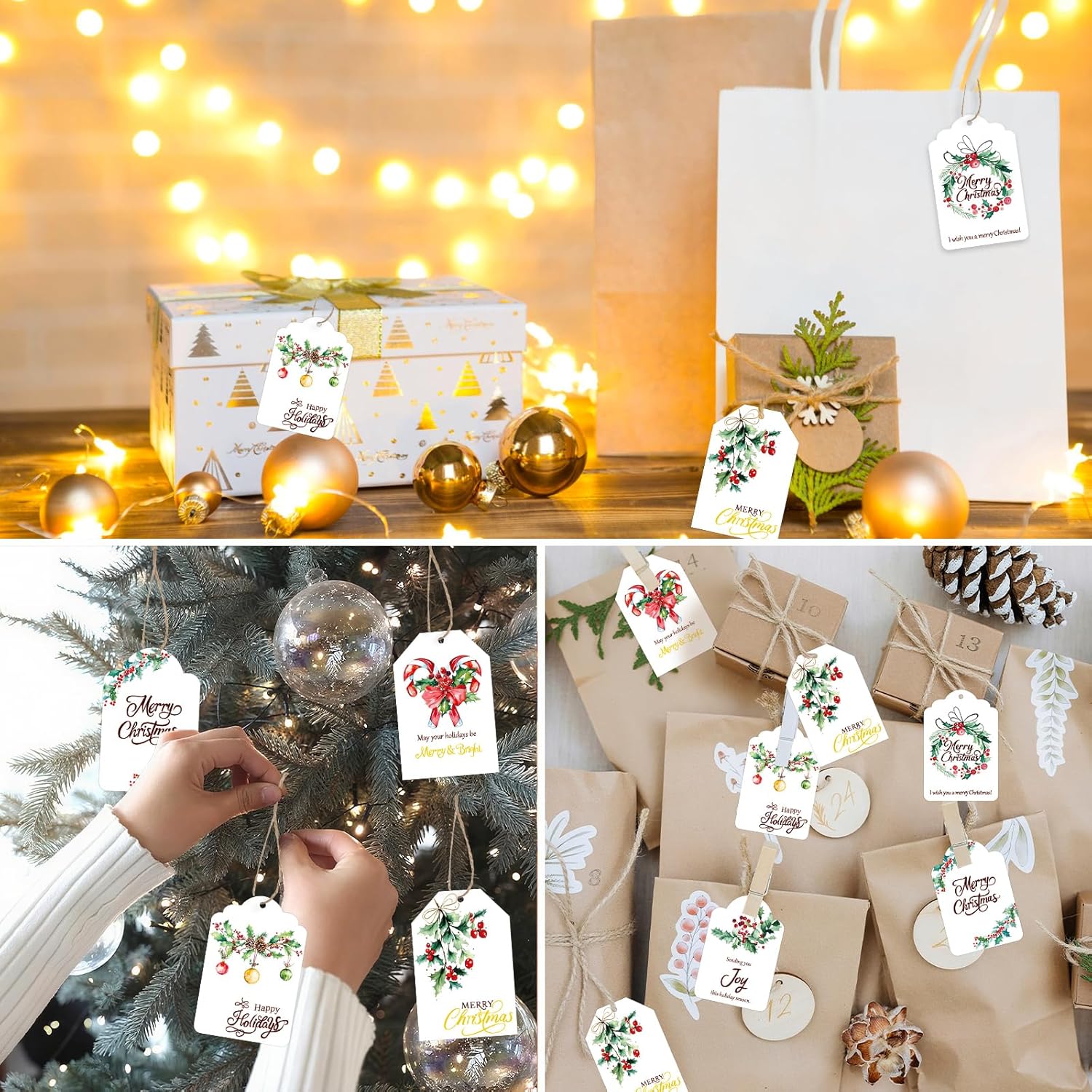 DERAYEE Merry Christmas Paper Gift Tags with Rope, 60PCS Watercolor Christmas Holly Berry Gift Tags Seasonal Hanging Labels for Xmas Presents Decoration, Christmas Party DIY Gift Wrapping (6 Design) - Image 5