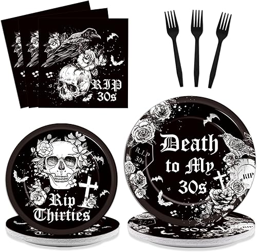 Juego de 96 platos y servilletas de cumpleaños de 40 años, suministros para fiesta, tema de la muerte a mis treinta, vajilla desechable, regalos