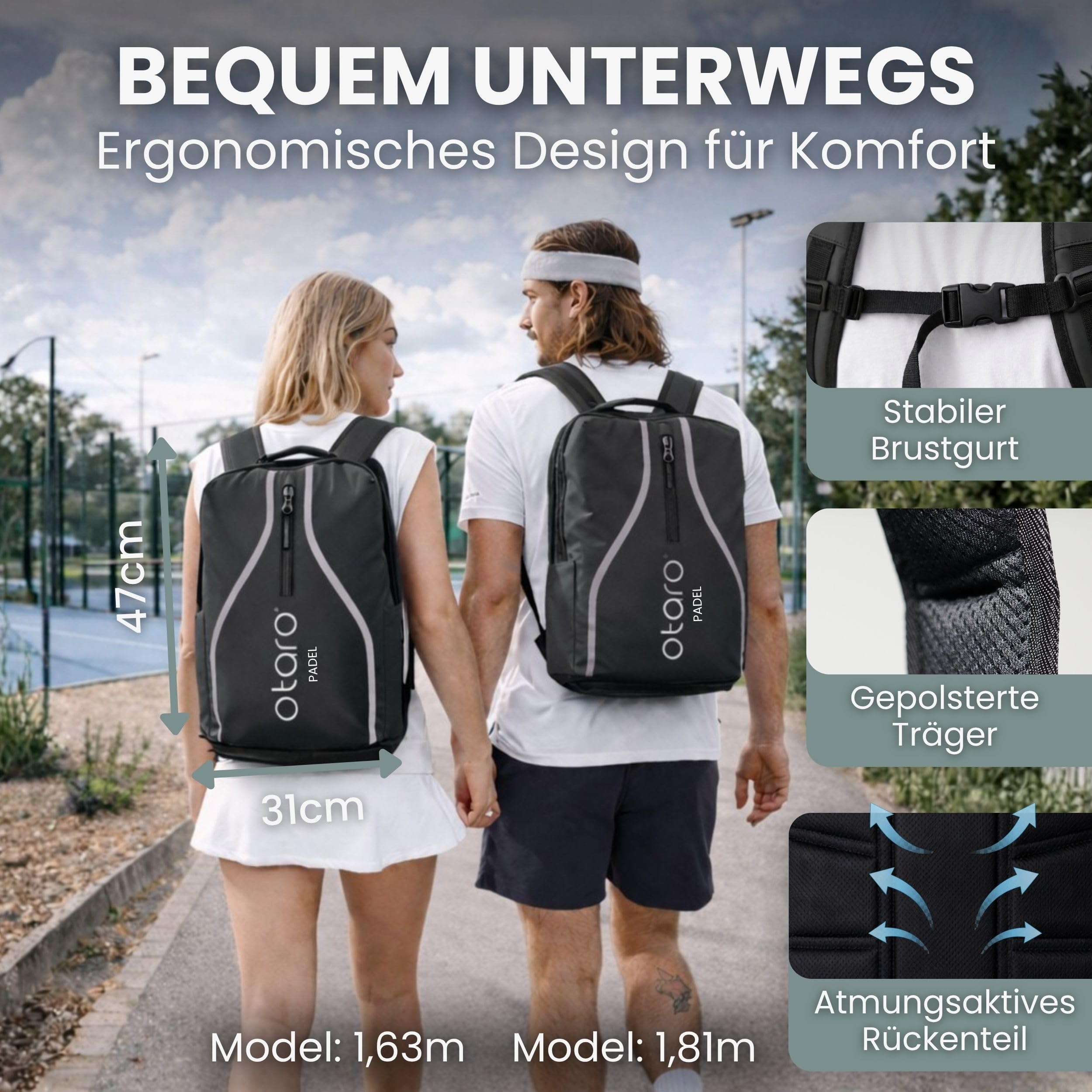 Otaro Padel Rucksack mit Schuhfach, Schlägerfach & Laptopfach | 35L | Padel Tasche für 2 Schläger, Kleidung & Zubehör | Belüftet, Gepolstert & Stylisch | Tennistasche für Herren & Damen