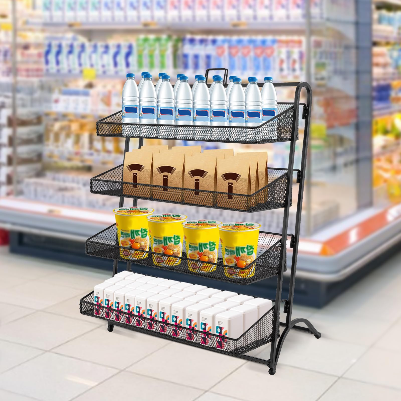 Literatur-Organizer, 4-stöckiges Süßwaren-Displayregal, Kartoffelchips-Displayregal, Snackregal und Chipsständer, Snack-Organizer für Ladentheken (Schwarz)