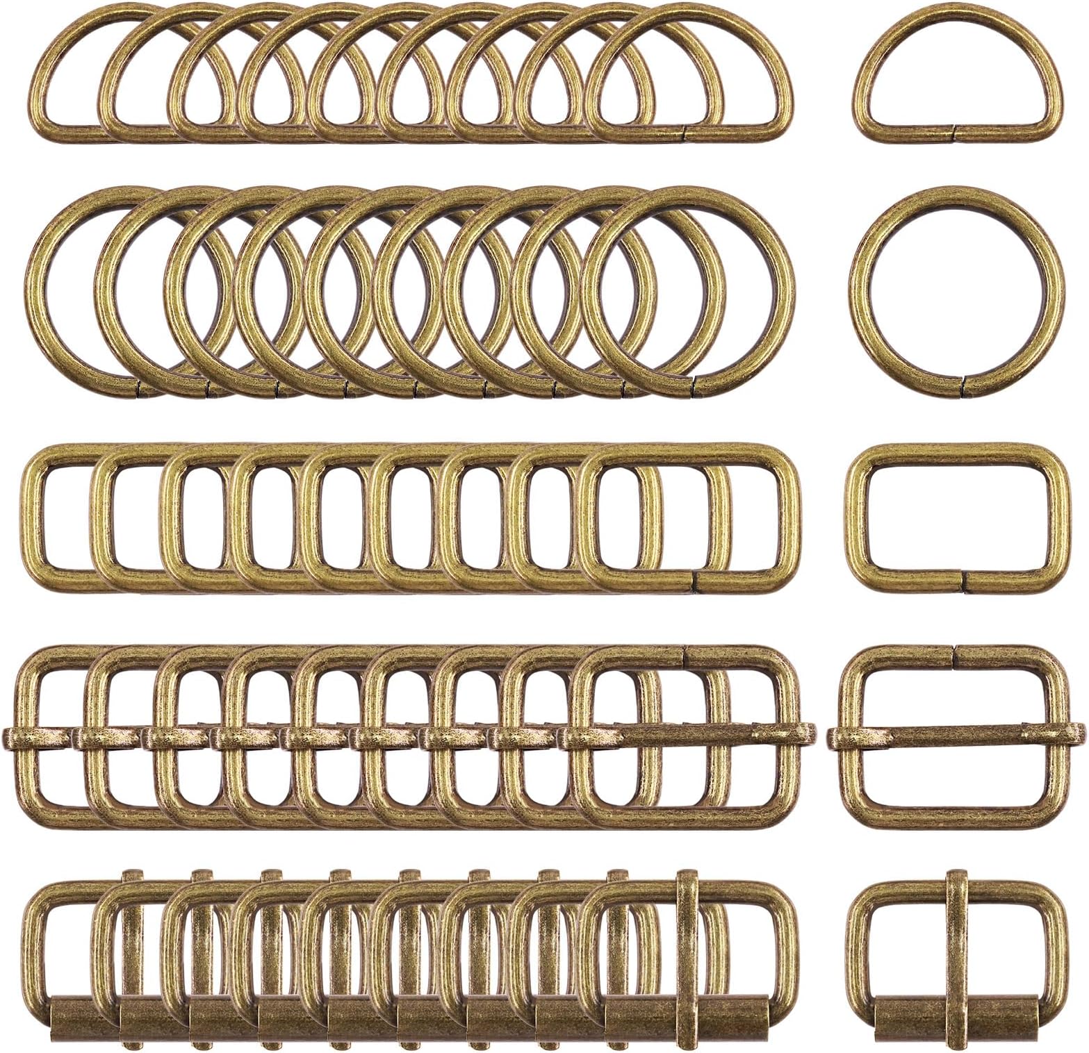 Swpeet 50Pcs 5 Style Metal Buckles, Metal Roller Buckles, Metal Adjustable Slide Buckles, D Ring, Circular Ring, Square Ring
