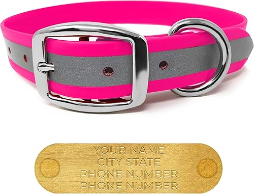 Regal Dog Products Large Pink Reflective Dog Collar with Custom Engraved Name Plate  Waterproof Biothane Personalized Dog Collars with D Ring &