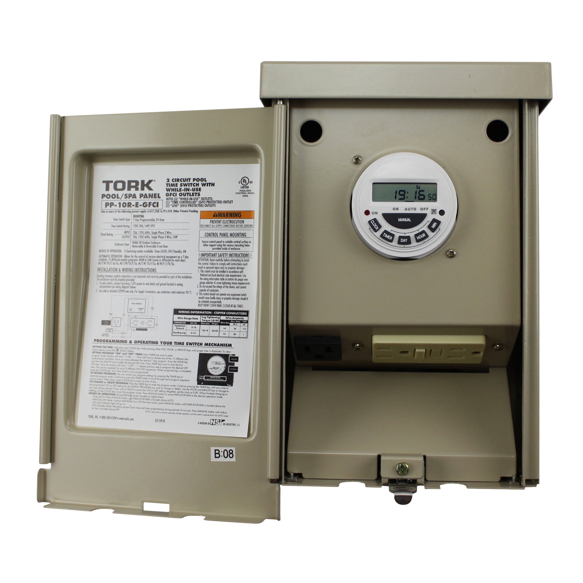Tork Nsi 2 Circuit Pool Digital Time Switch with 3 While-in-Use Gfci Outlets Pp-10R-E-Gfci - Beige