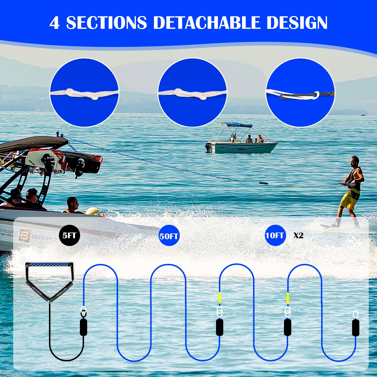 2,5 m langes Dyneema-Wakeboard-Seil und Griff, 4 Abschnitte, schwimmendes Wakeboard-Abschleppseil, Wasserskiseil für Wakeboarden, Wasserski, Knieboarden und Wakesurfen